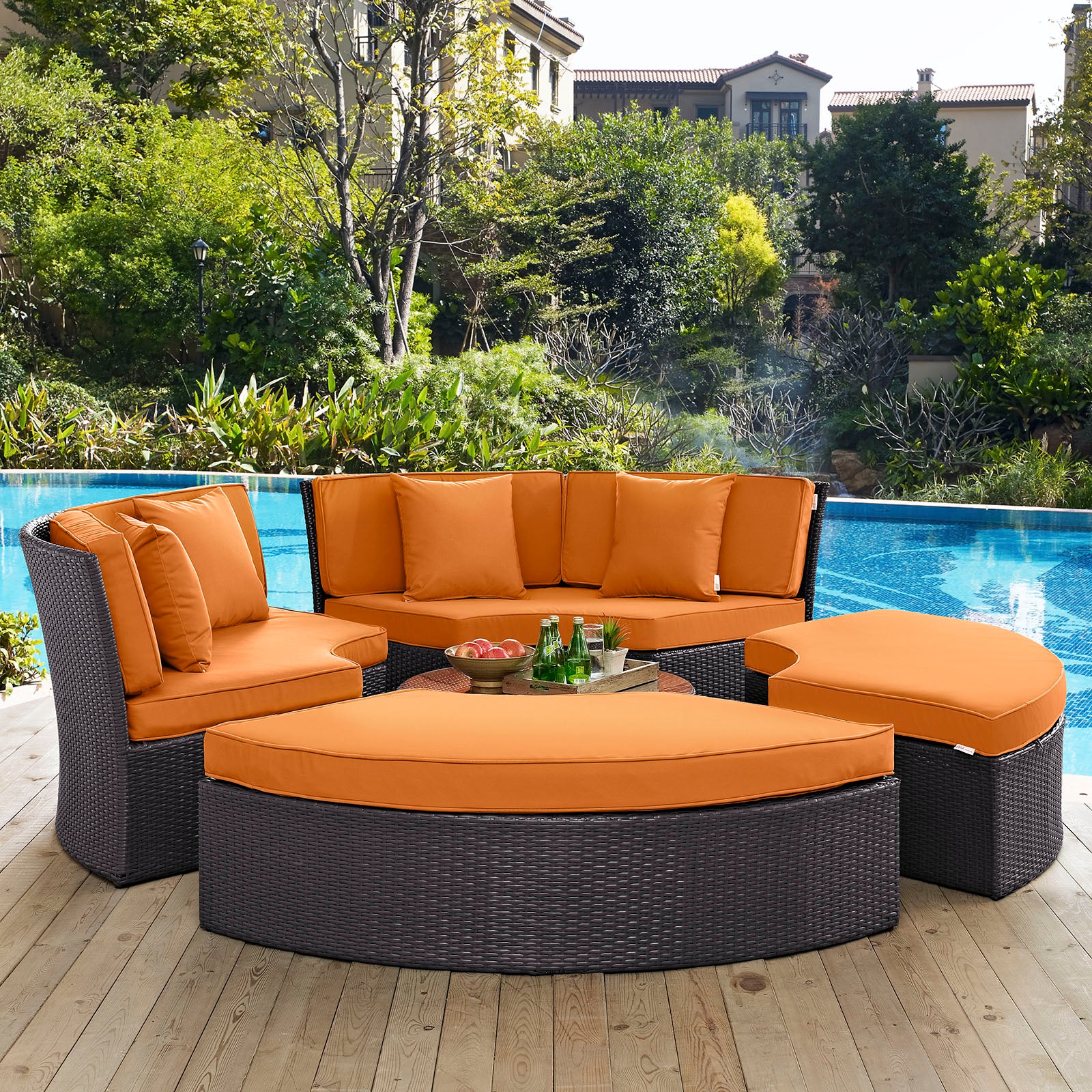 Wicker Circular Outdoor Daybed Set Espresso Orange Rattan – 3-Piece Sectional Sofa with Glass Table