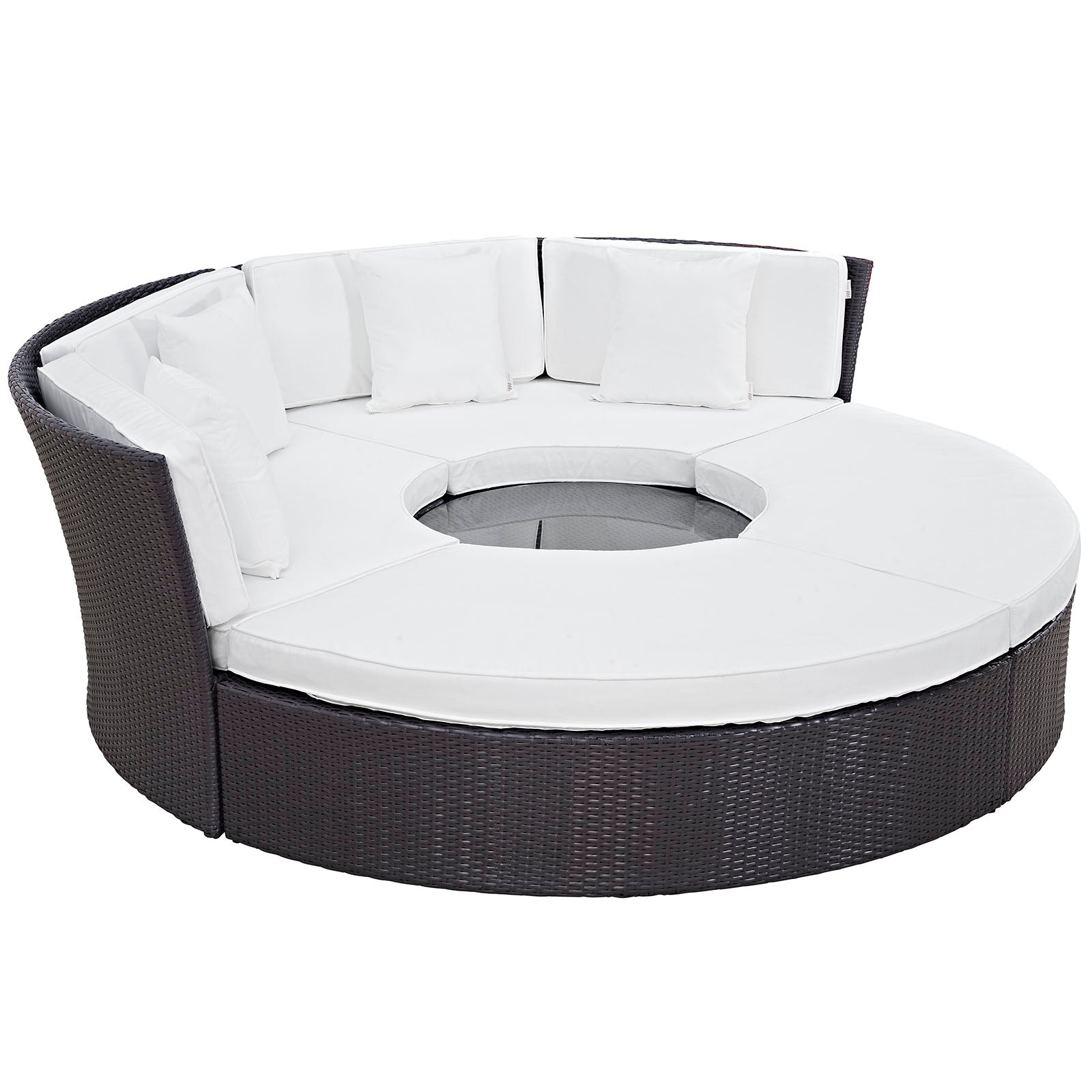 Wicker Circular Outdoor Daybed Set Espresso Orange Rattan – 3-Piece Sectional Sofa with Glass Table