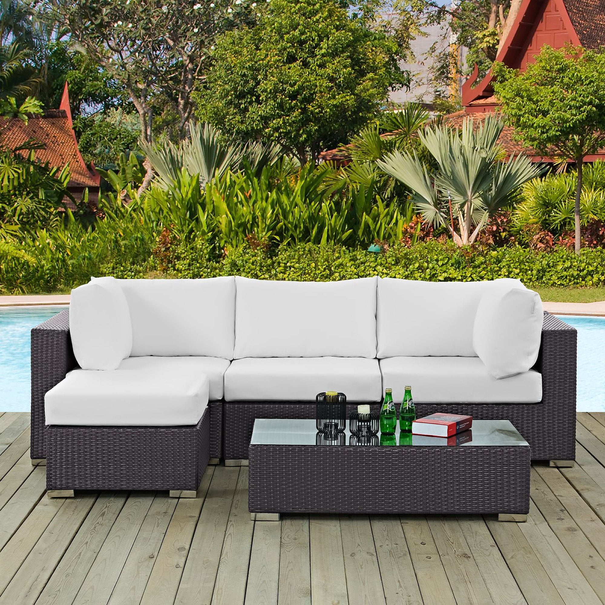 Convene 5 Piece Outdoor Patio Sectional Set, Espresso White