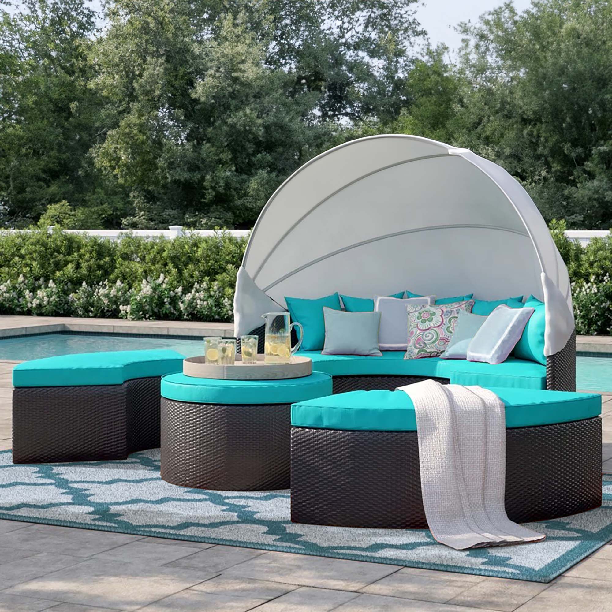 Convene Outdoor Patio Wicker Rattan Canopy Sectional Daybed, Espresso Turquoise