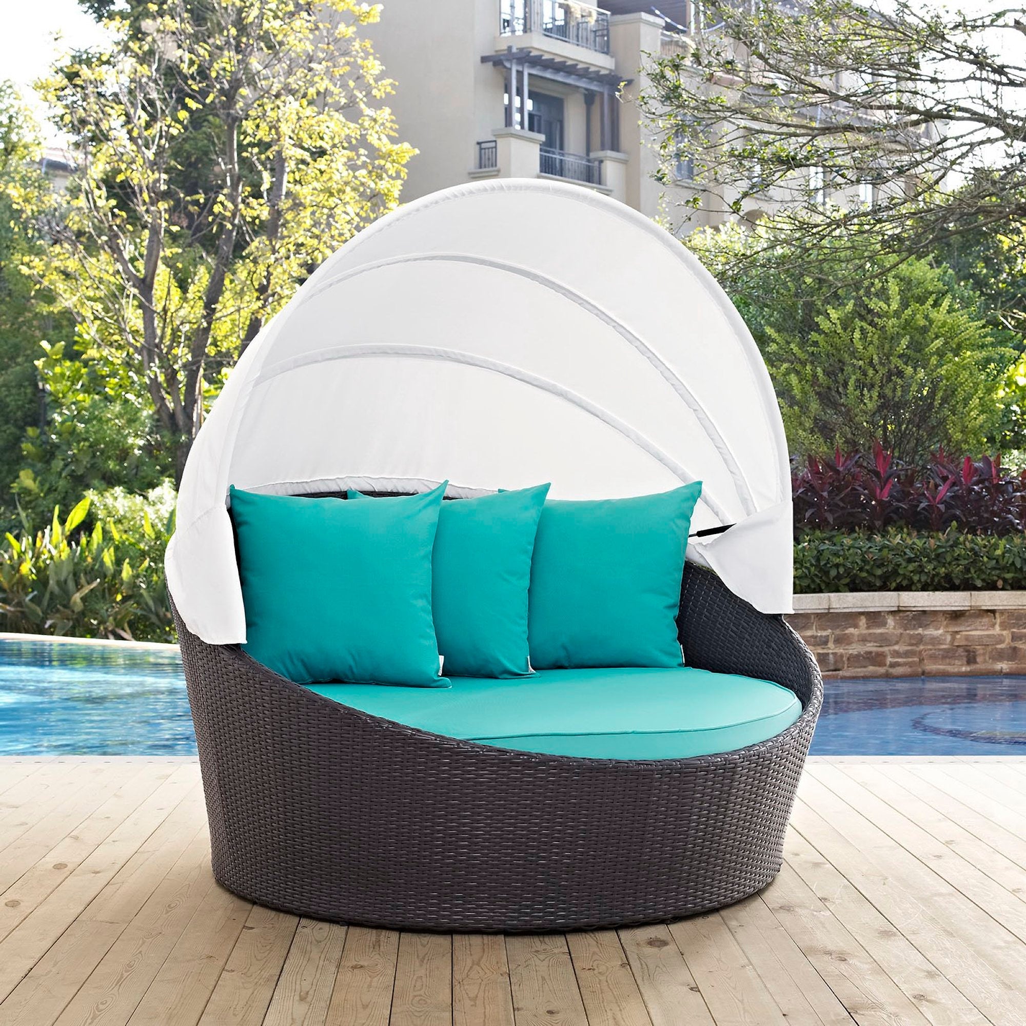 Convene Canopy Outdoor Patio Daybed, Espresso Turquoise