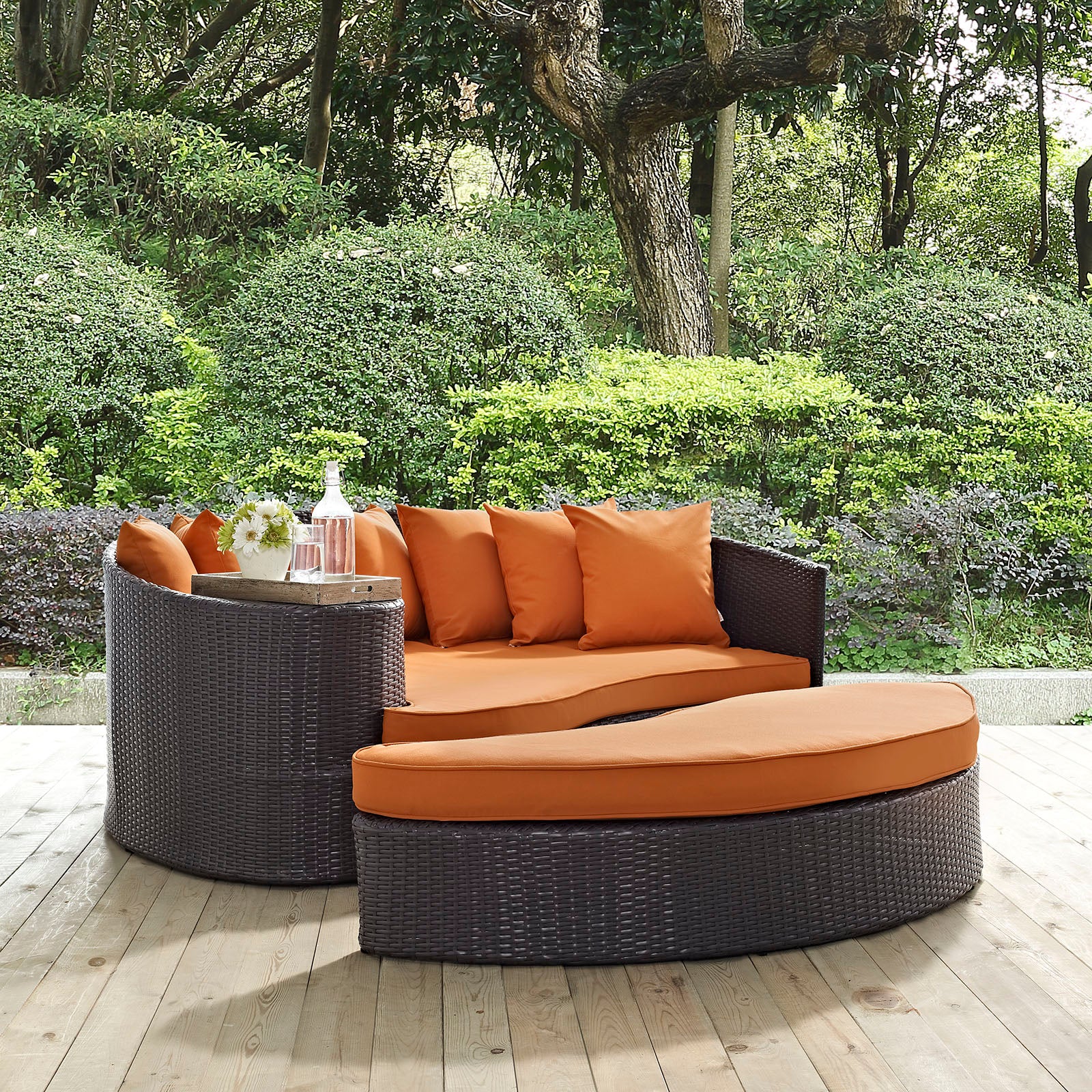 Orval Outdoor Synthetic Rattan Patio Daybed – All-Weather Modular Lounge with Ottoman