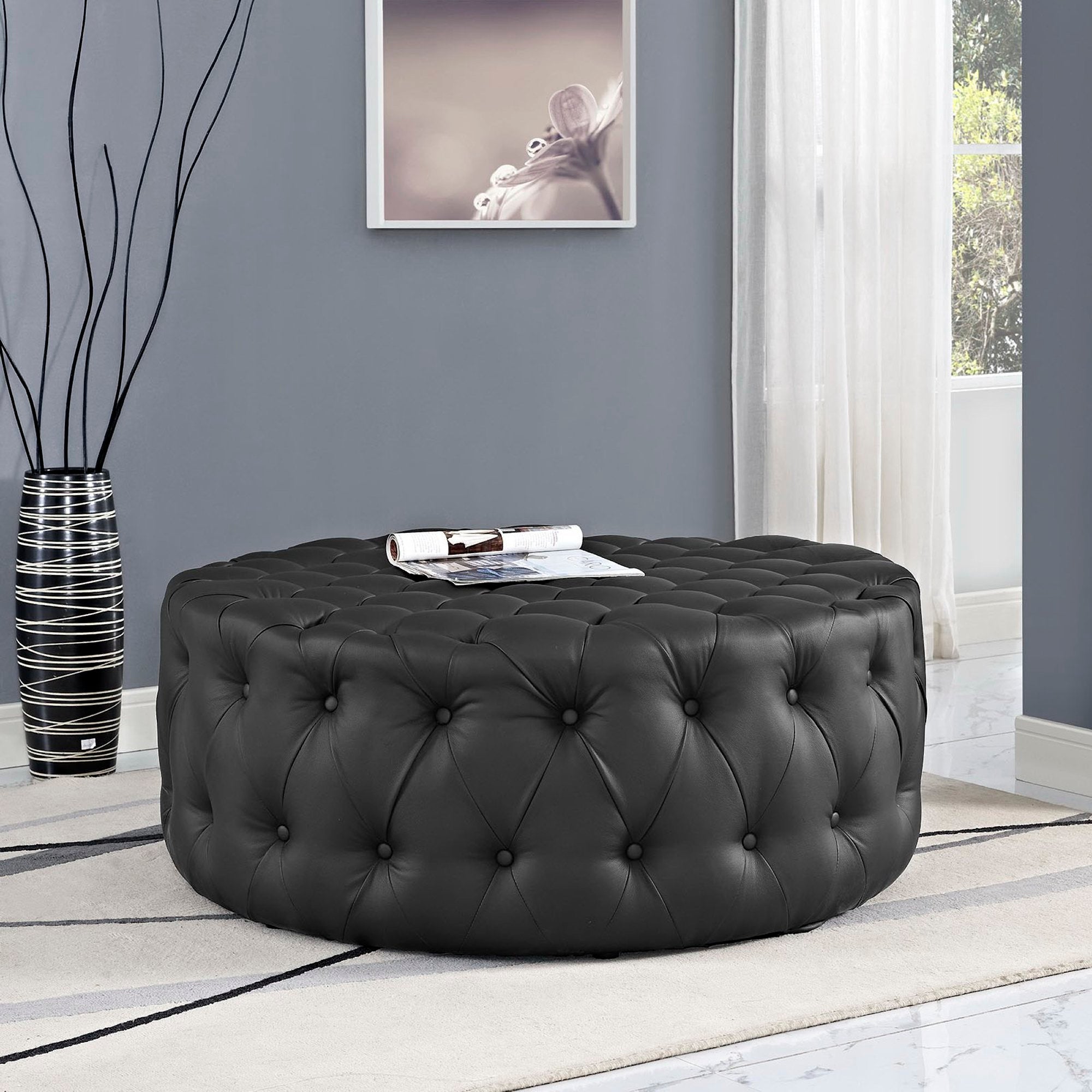 Amour Upholstered Vinyl Ottoman, Black