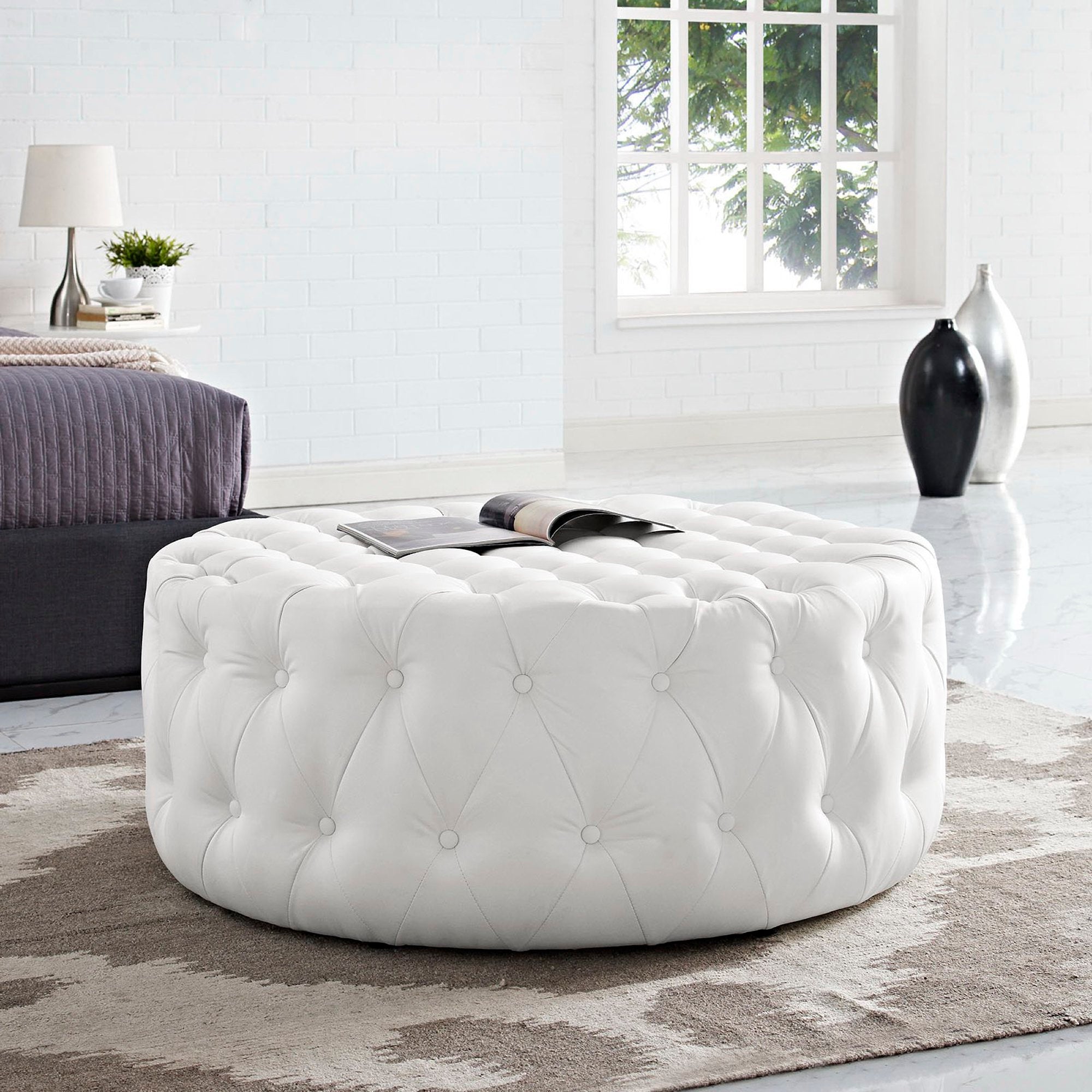 Amour Upholstered Vinyl Ottoman, White