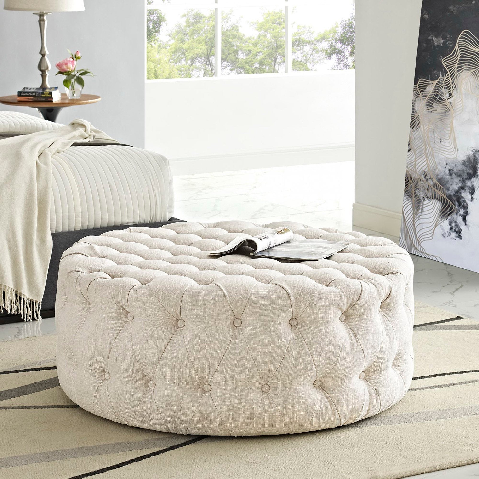 Amour Upholstered Fabric Ottoman, Beige