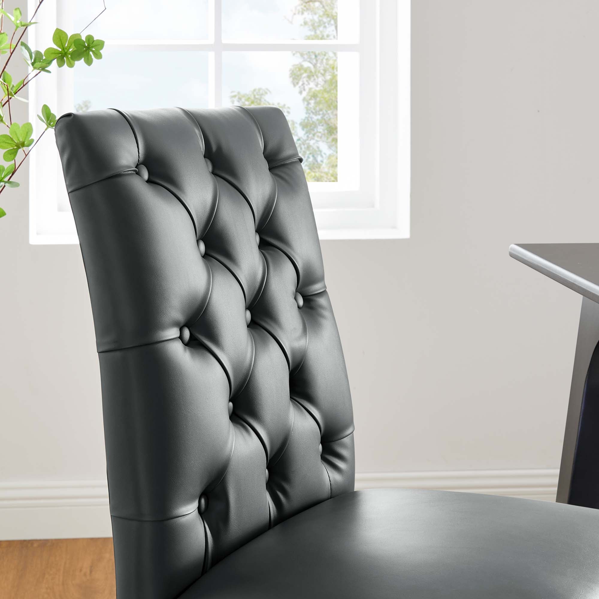 Duchess Button Tufted Vegan Leather Dining Chair, Gray