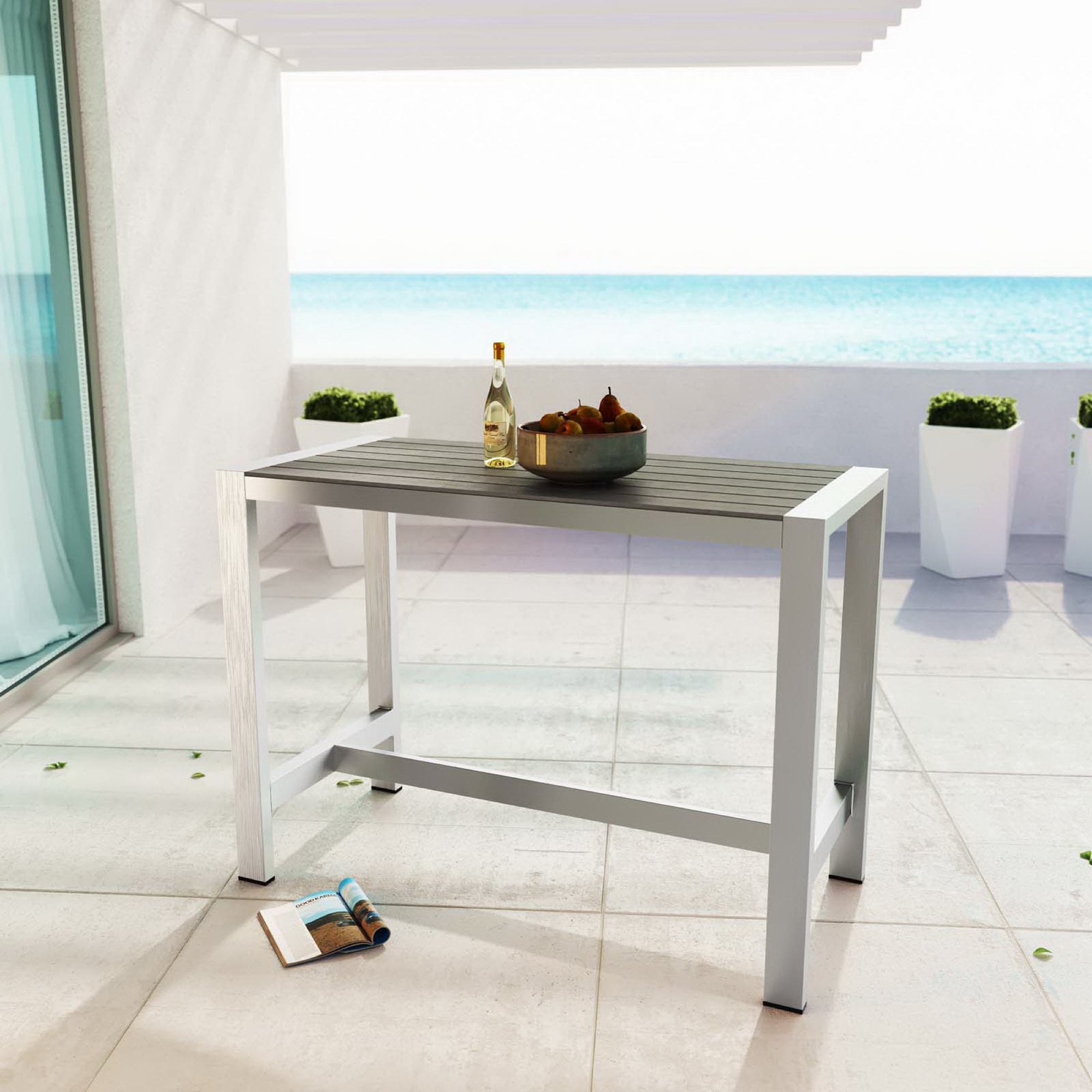 Shore Outdoor Patio Aluminum Rectangle Bar Table, Silver Gray