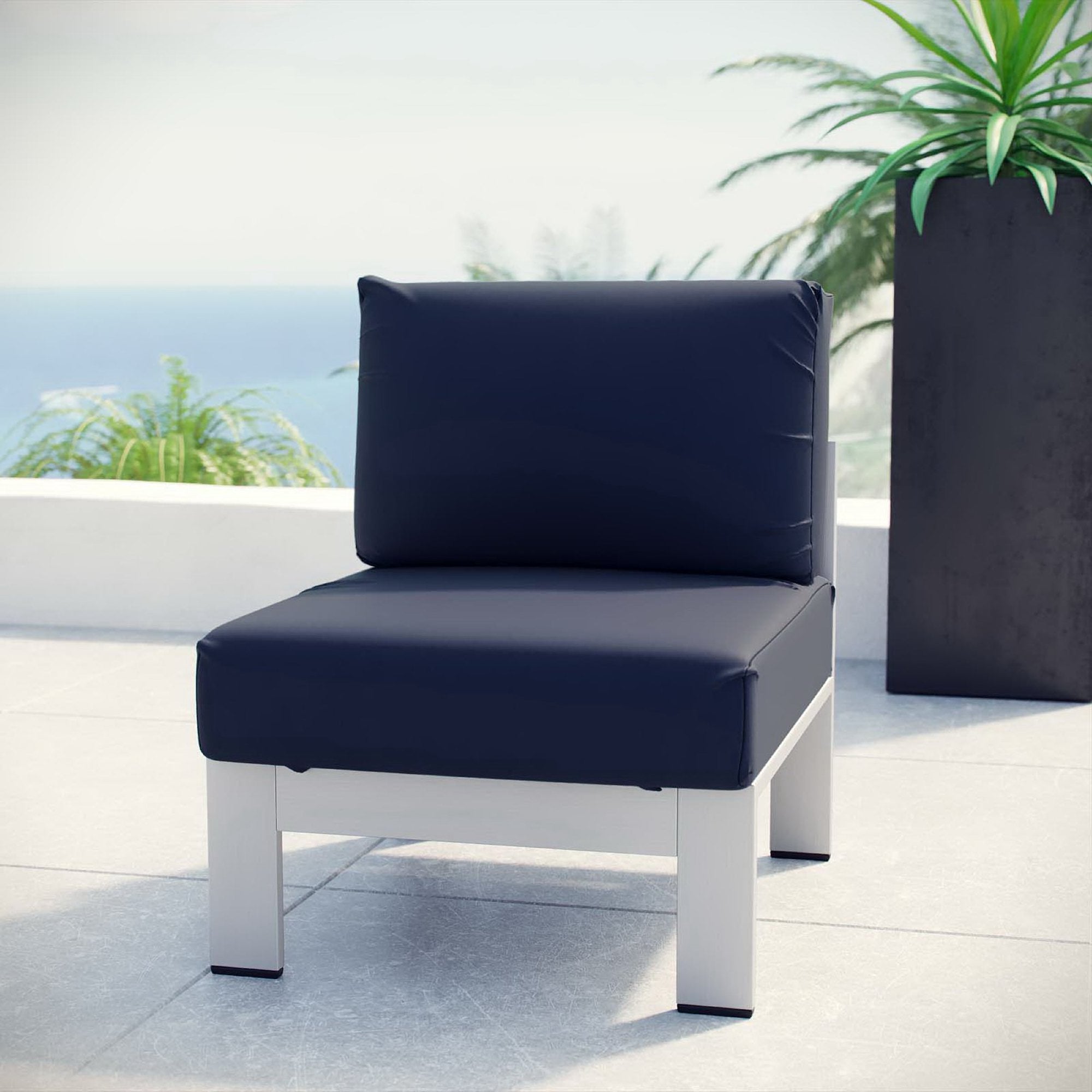 Shore Armless Outdoor Patio Aluminum Chair, Silver Navy