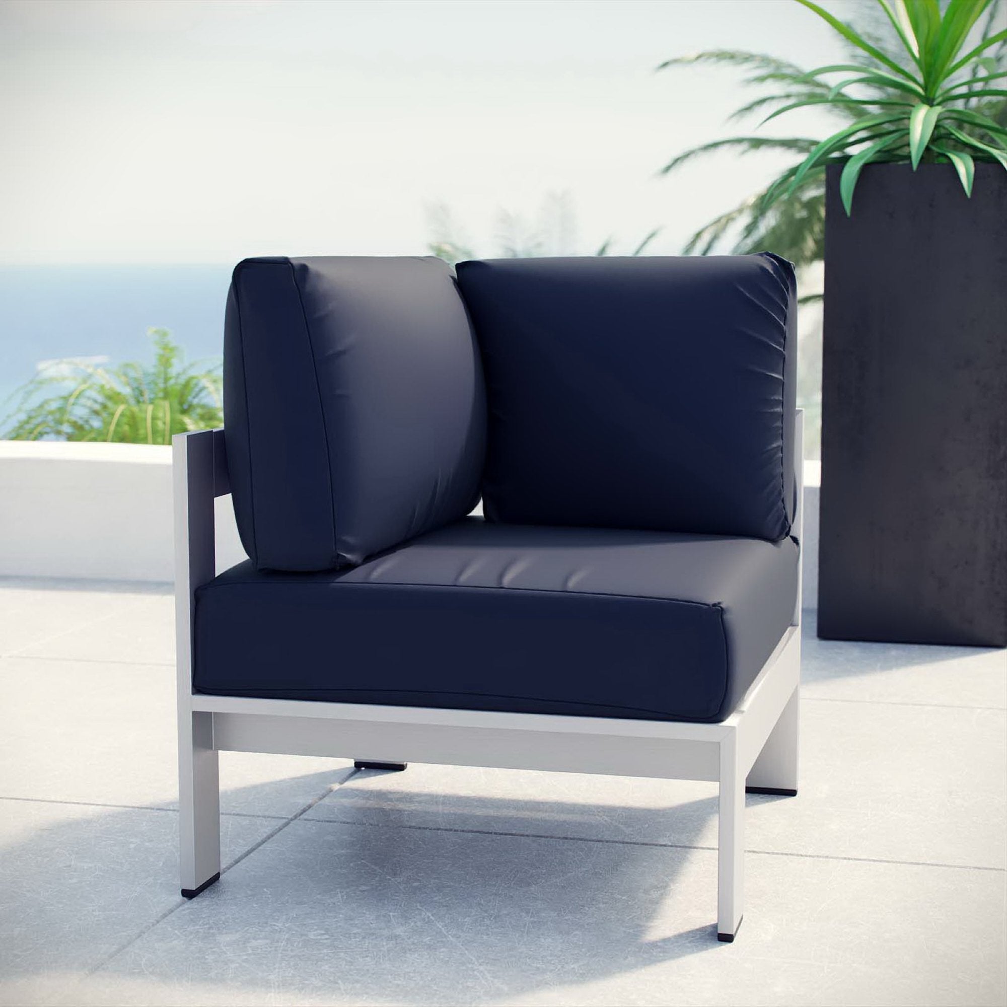 Shore Outdoor Patio Aluminum Corner Sofa, Silver Navy
