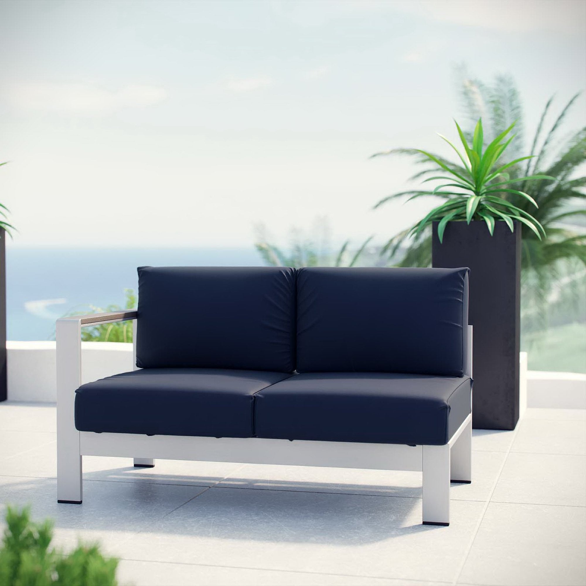 Shore Left-Arm Corner Sectional Outdoor Patio Aluminum Loveseat, Silver Navy
