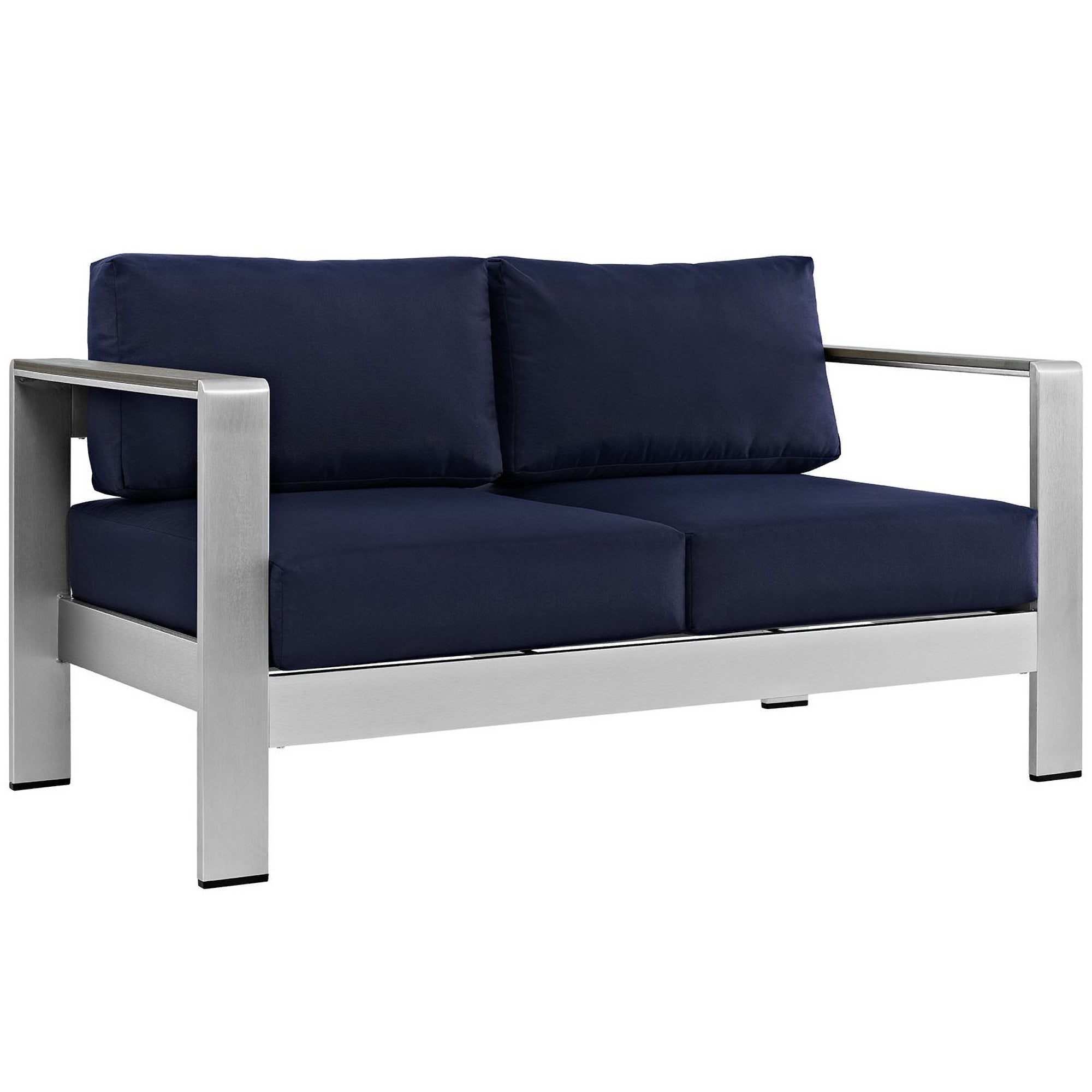 Shore Outdoor Patio Aluminum Loveseat, Silver Navy