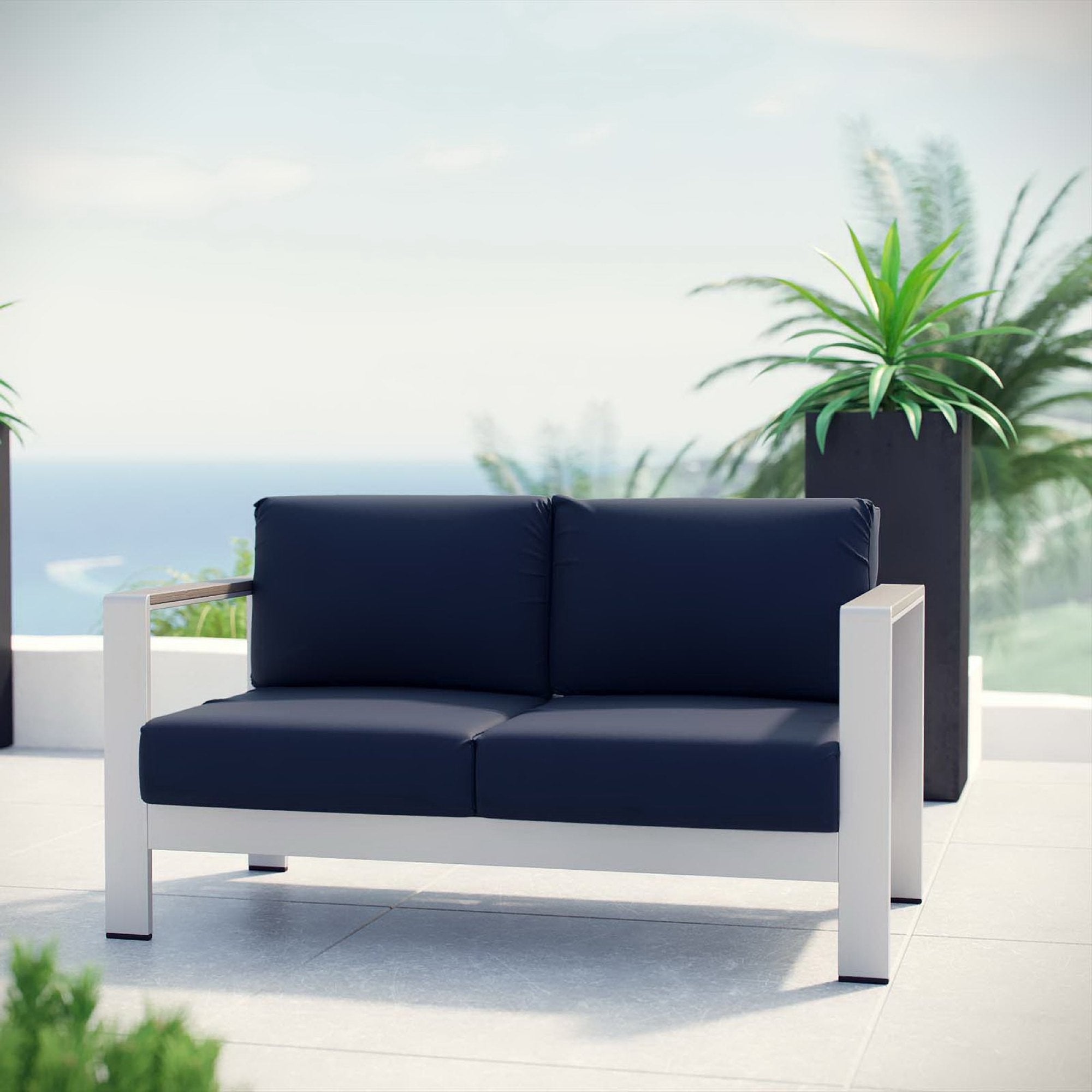 Shore Outdoor Patio Aluminum Loveseat, Silver Navy