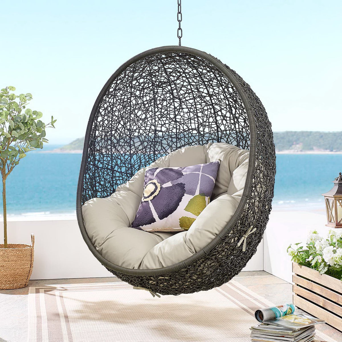 Hide Outdoor Patio Swing Chair With Stand, Gray Beige