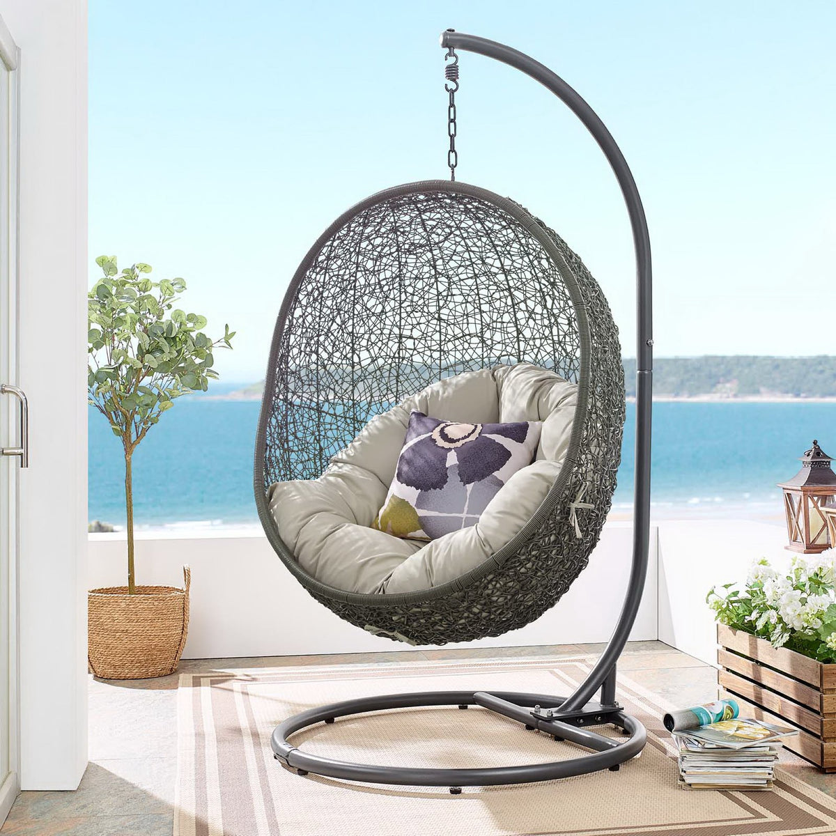 Hide Outdoor Patio Swing Chair With Stand, Gray Beige