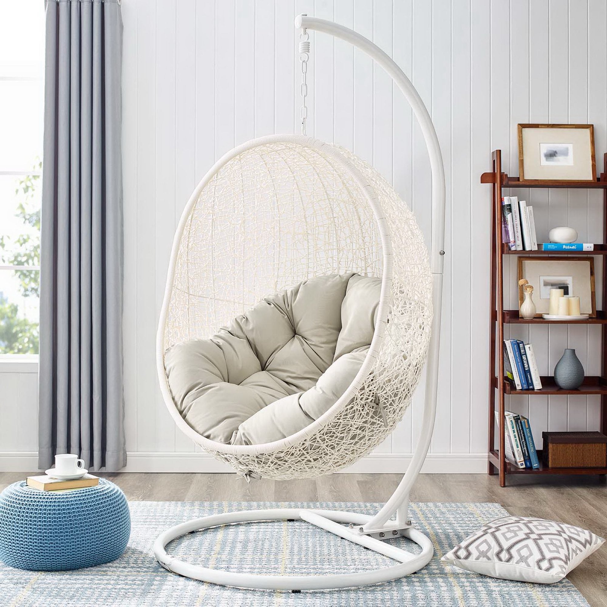 Hide Outdoor Patio Swing Chair With Stand, White Beige