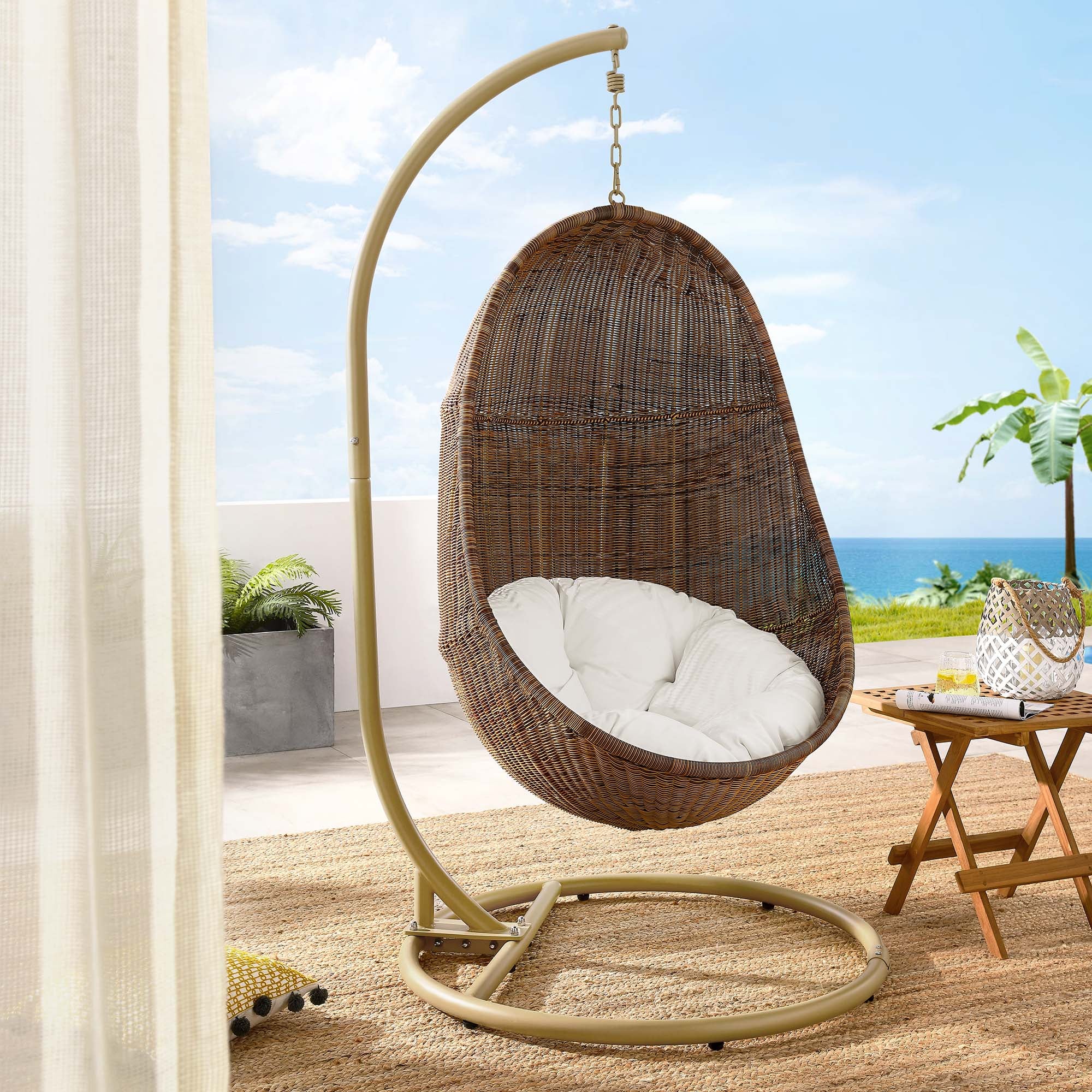 Bean Outdoor Patio Wood Swing Chair With Stand, Coffee White