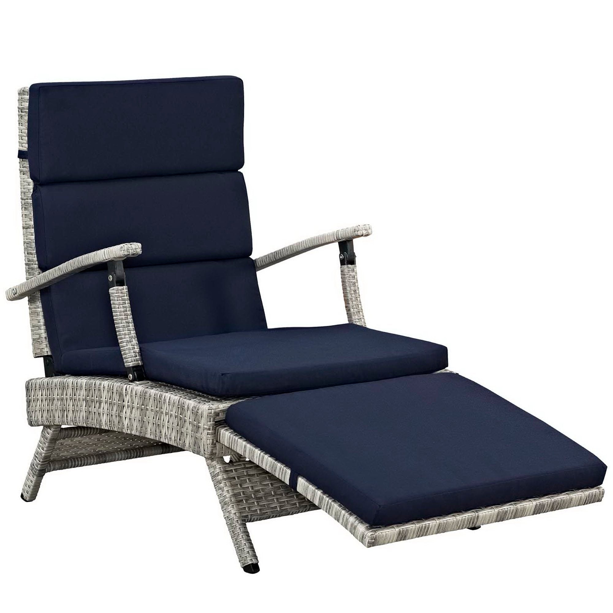 Envisage Chaise Outdoor Patio Wicker Rattan Lounge Chair, Light Gray Navy