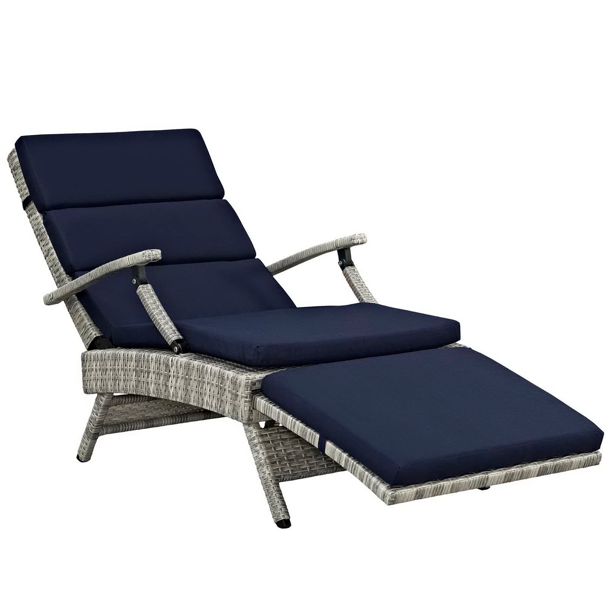 Envisage Chaise Outdoor Patio Wicker Rattan Lounge Chair, Light Gray Navy