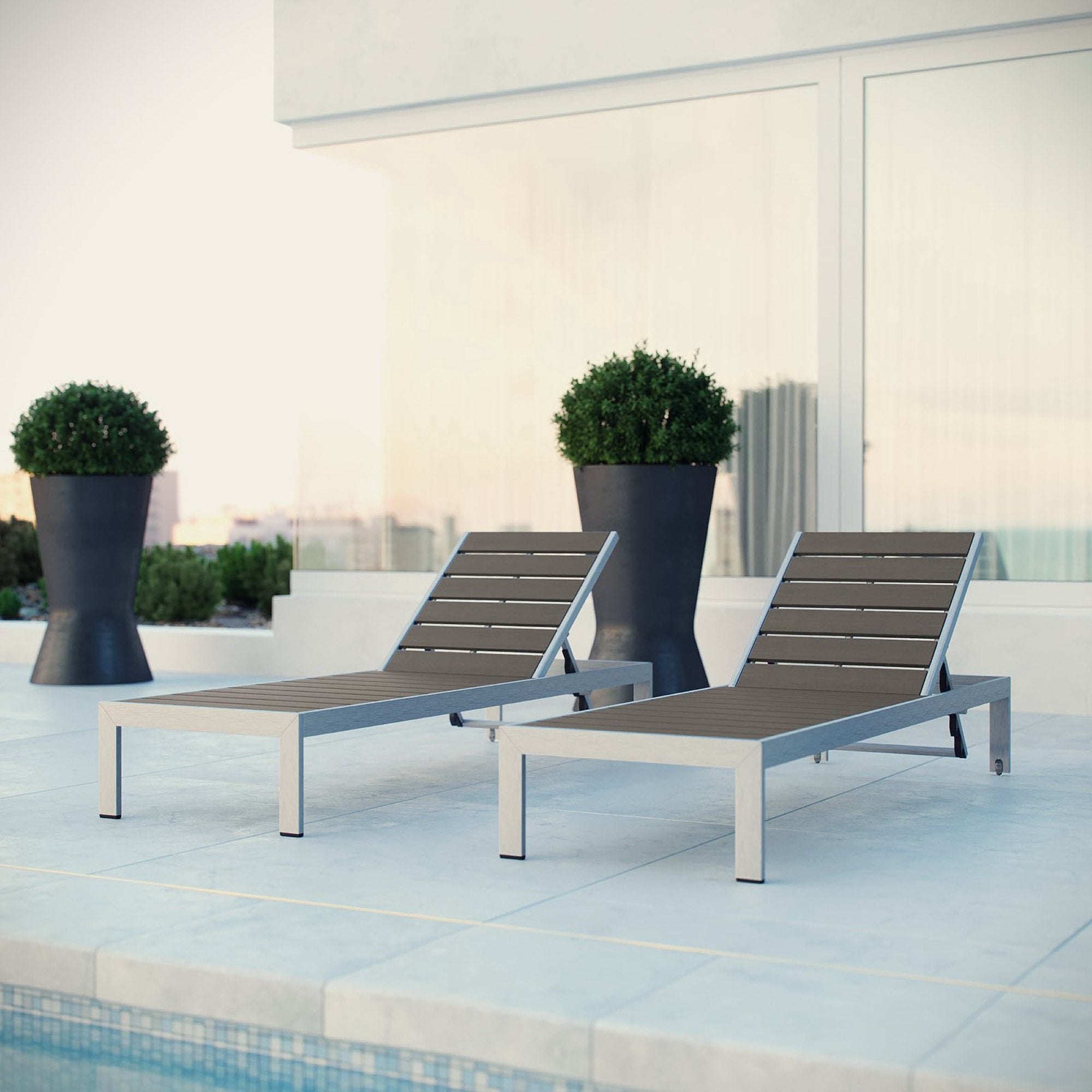 Shore Outdoor Patio Aluminum Chaise Set of 2, Silver Gray