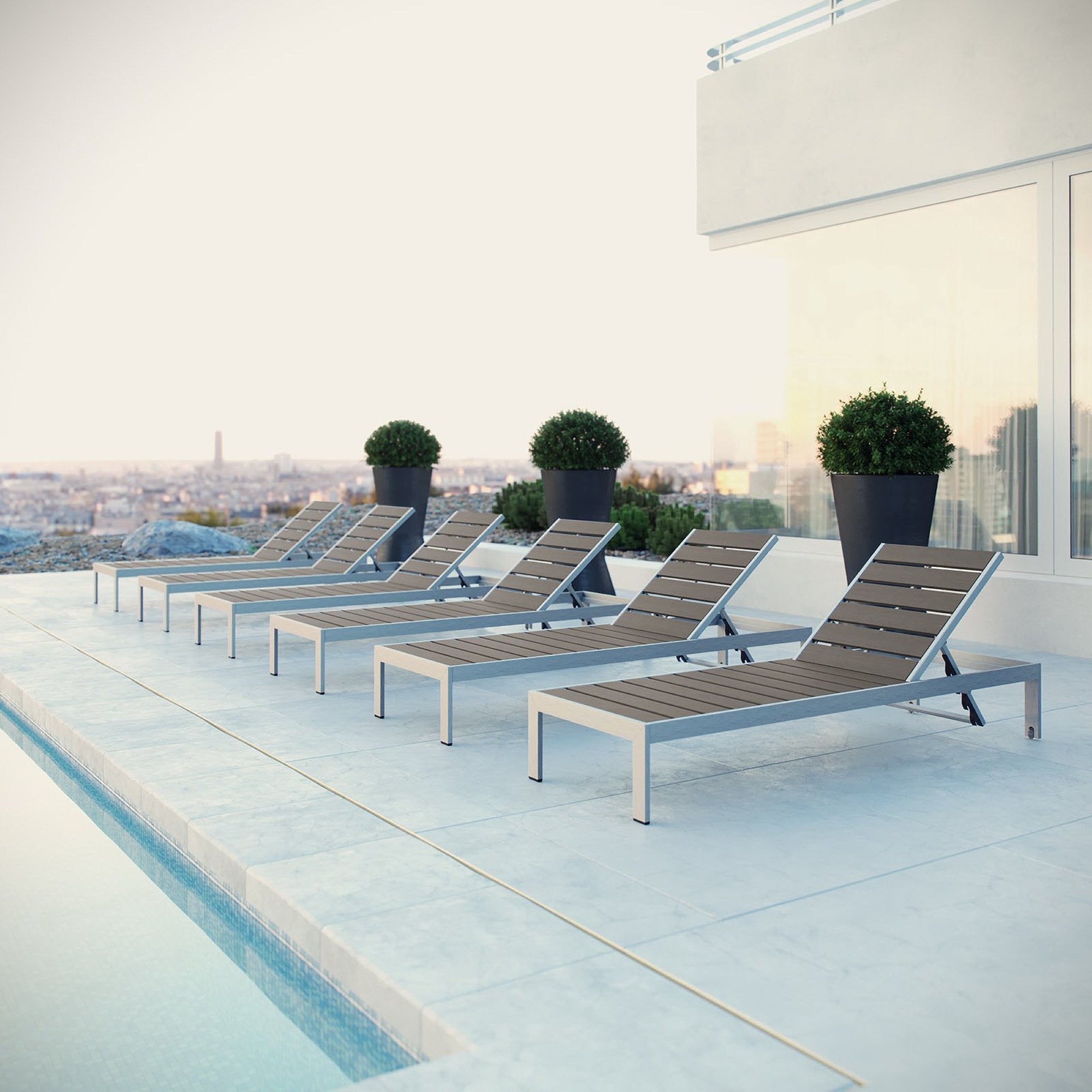 Shore Outdoor Patio Aluminum Chaise Set of 6, Silver Gray