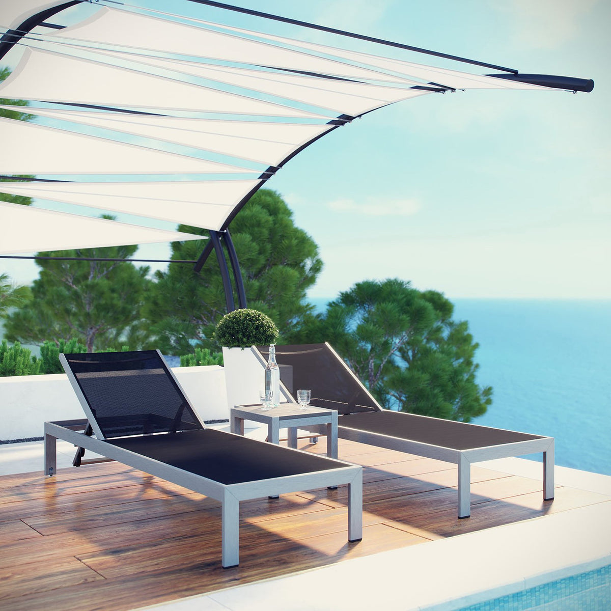 Shore 3 Piece Outdoor Patio Aluminum Set, Silver Black