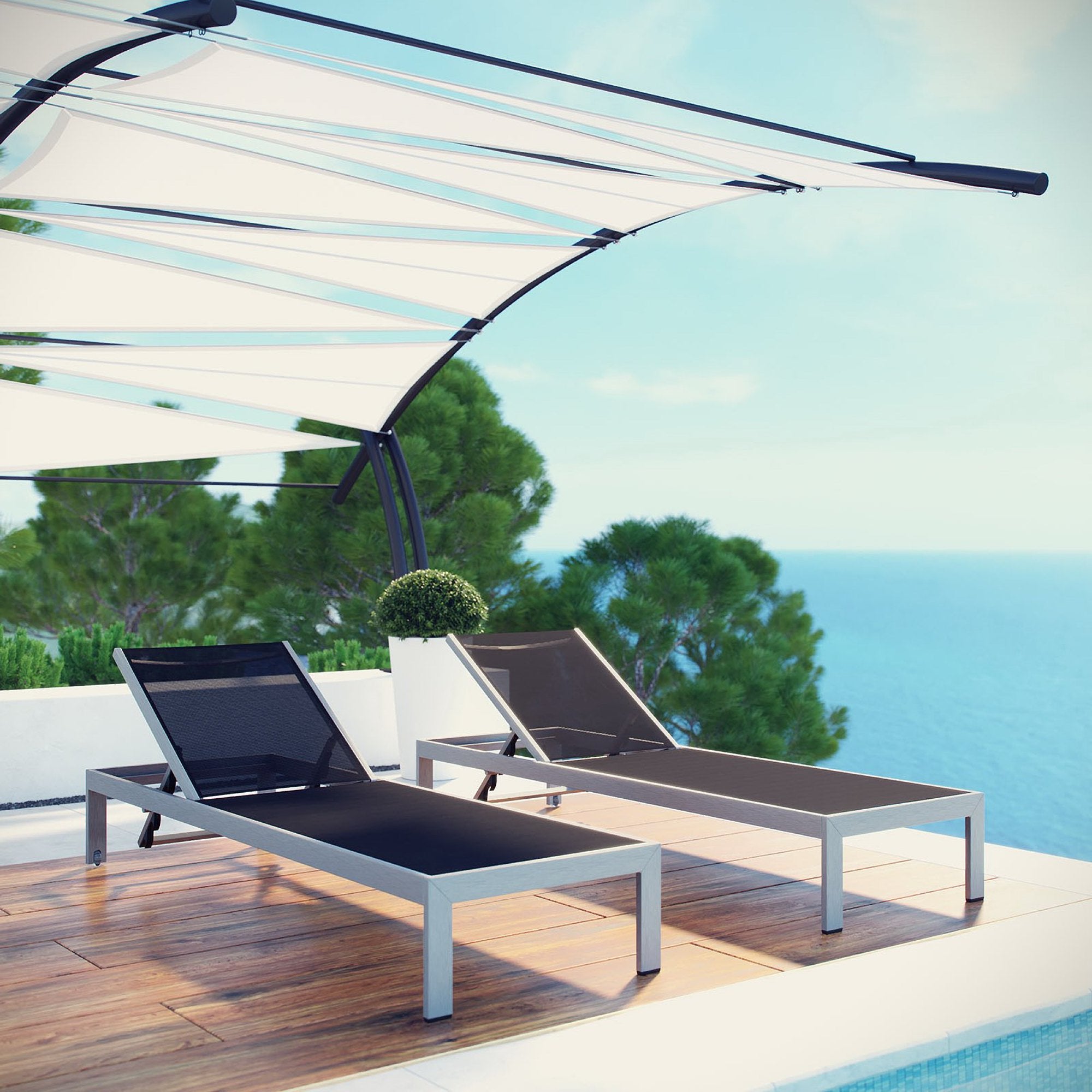 Shore Outdoor Patio Aluminum Chaise Set of 2, Silver Black