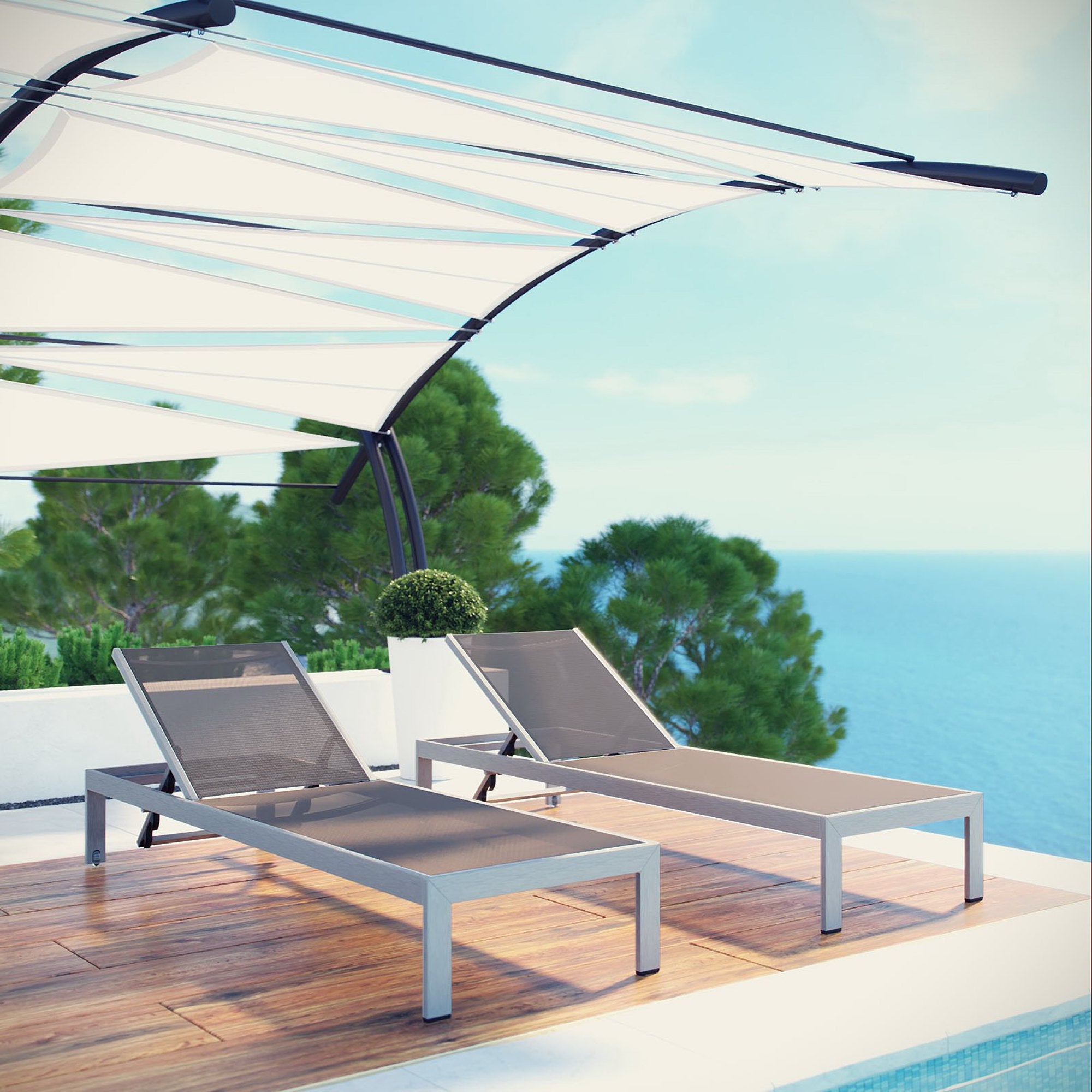 Shore Outdoor Patio Aluminum Chaise Set of 2, Silver Gray