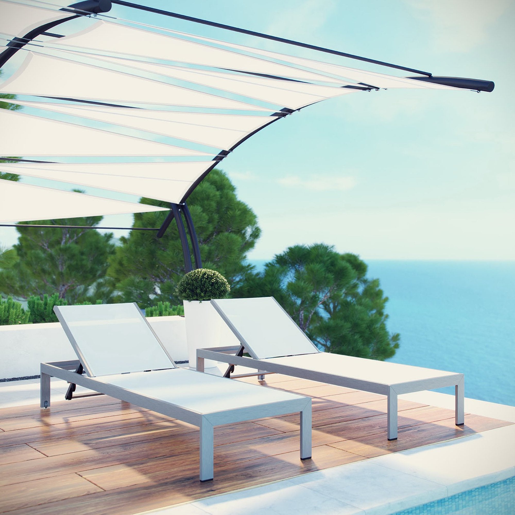 Shore Outdoor Patio Aluminum Chaise Set of 2, Silver White