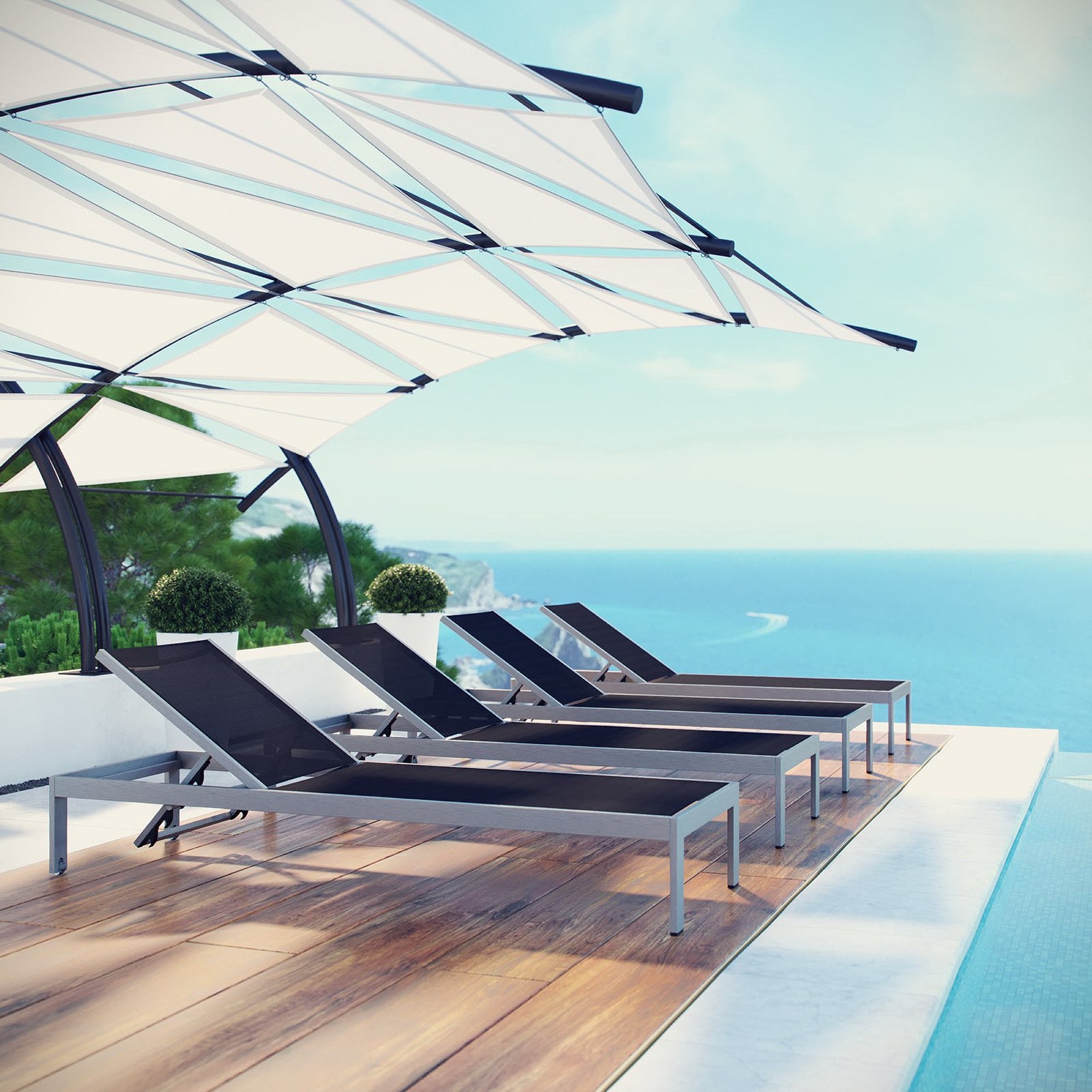 Shore Outdoor Patio Aluminum Chaise Set of 4, Silver Black