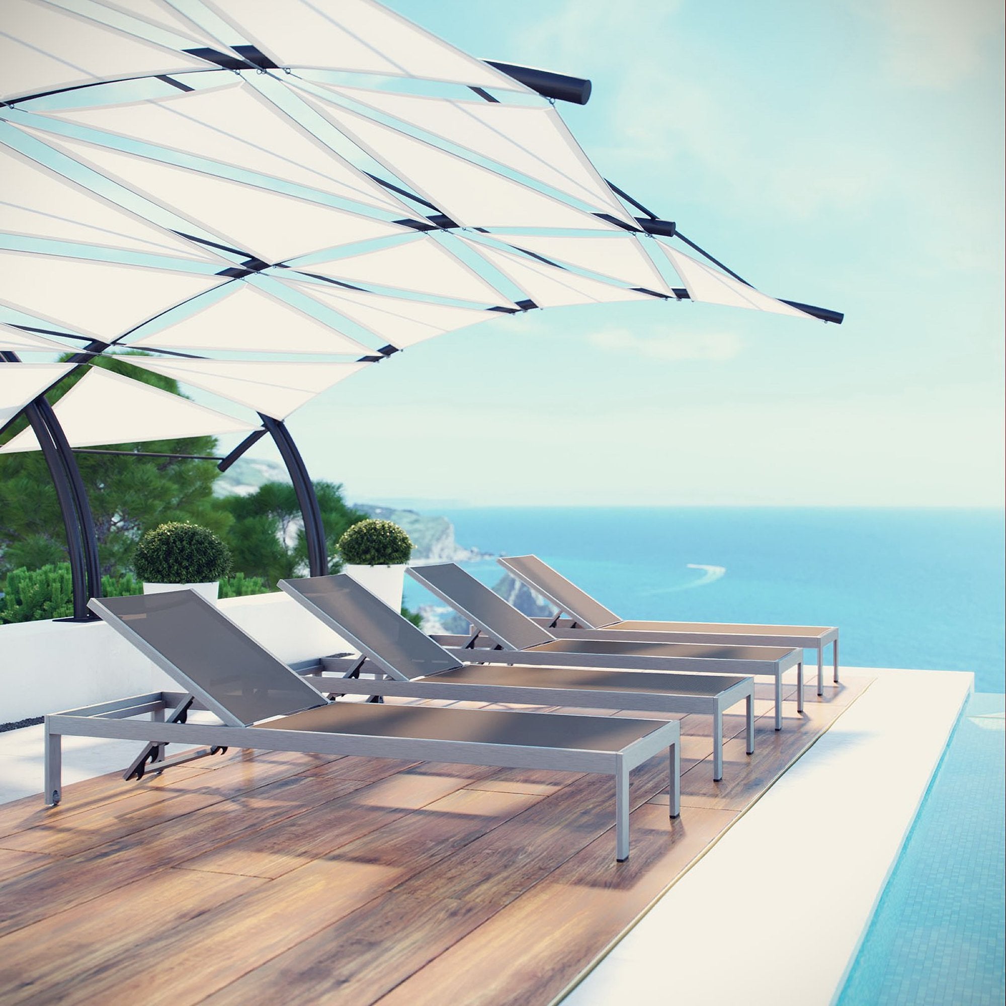 Shore Outdoor Patio Aluminum Chaise Set of 4, Silver Gray