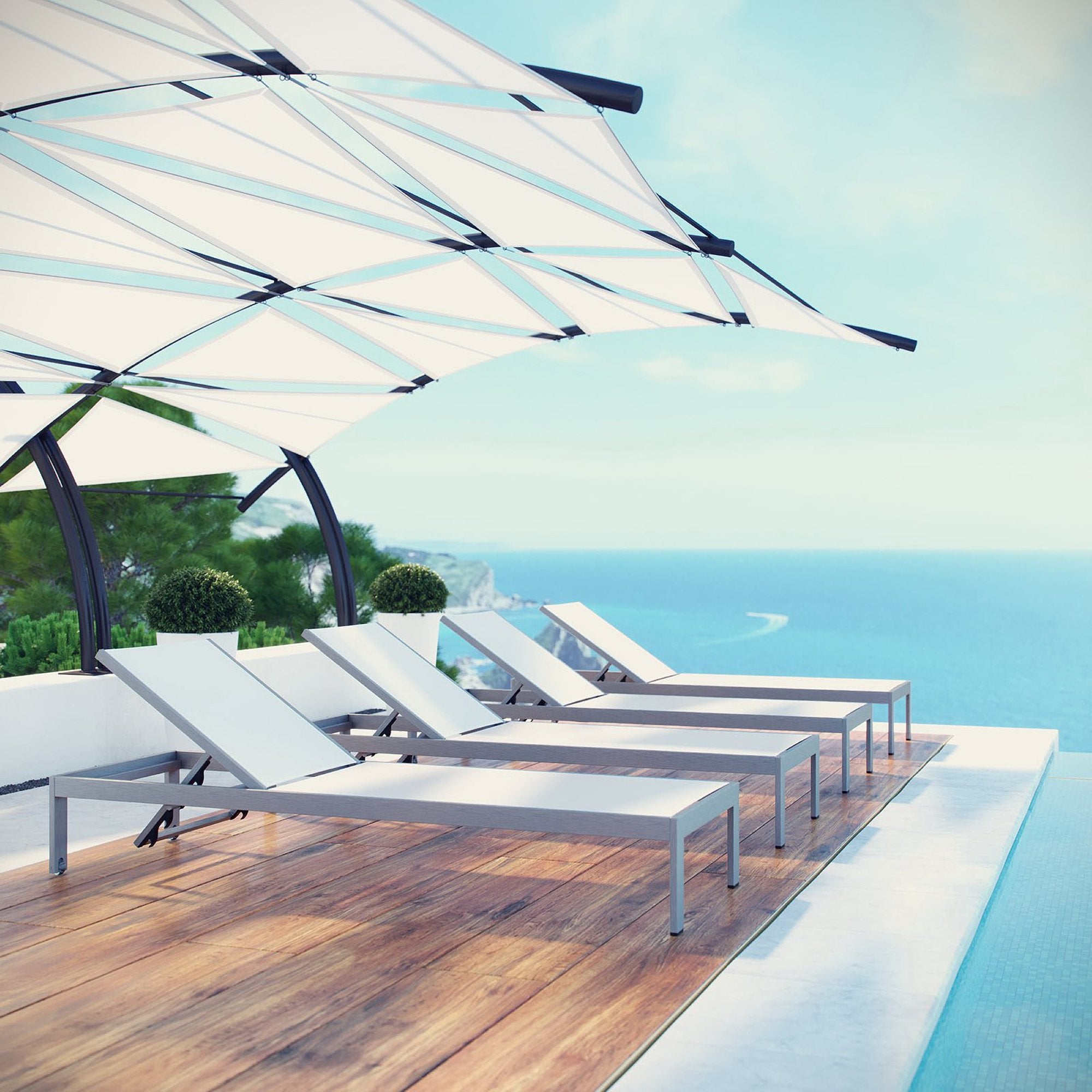 Shore Outdoor Patio Aluminum Chaise Set of 4, Silver White