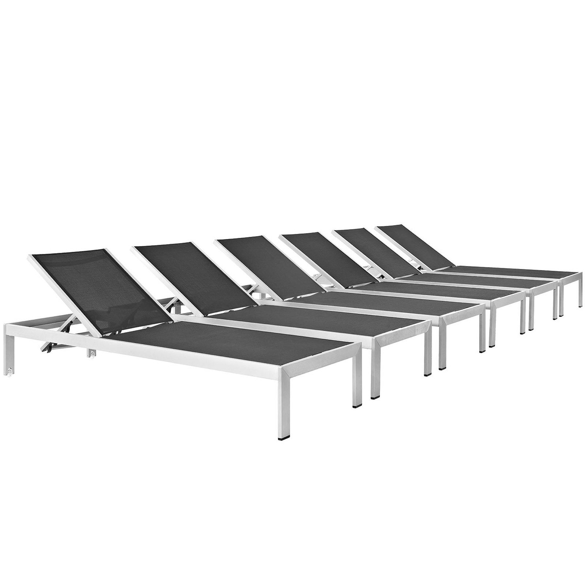 Shore Outdoor Patio Aluminum Chaise Set of 6, Silver Black