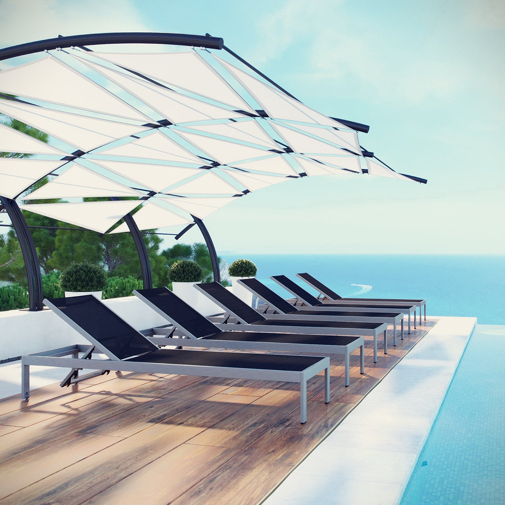 Shore Outdoor Patio Aluminum Chaise Set of 6, Silver Black