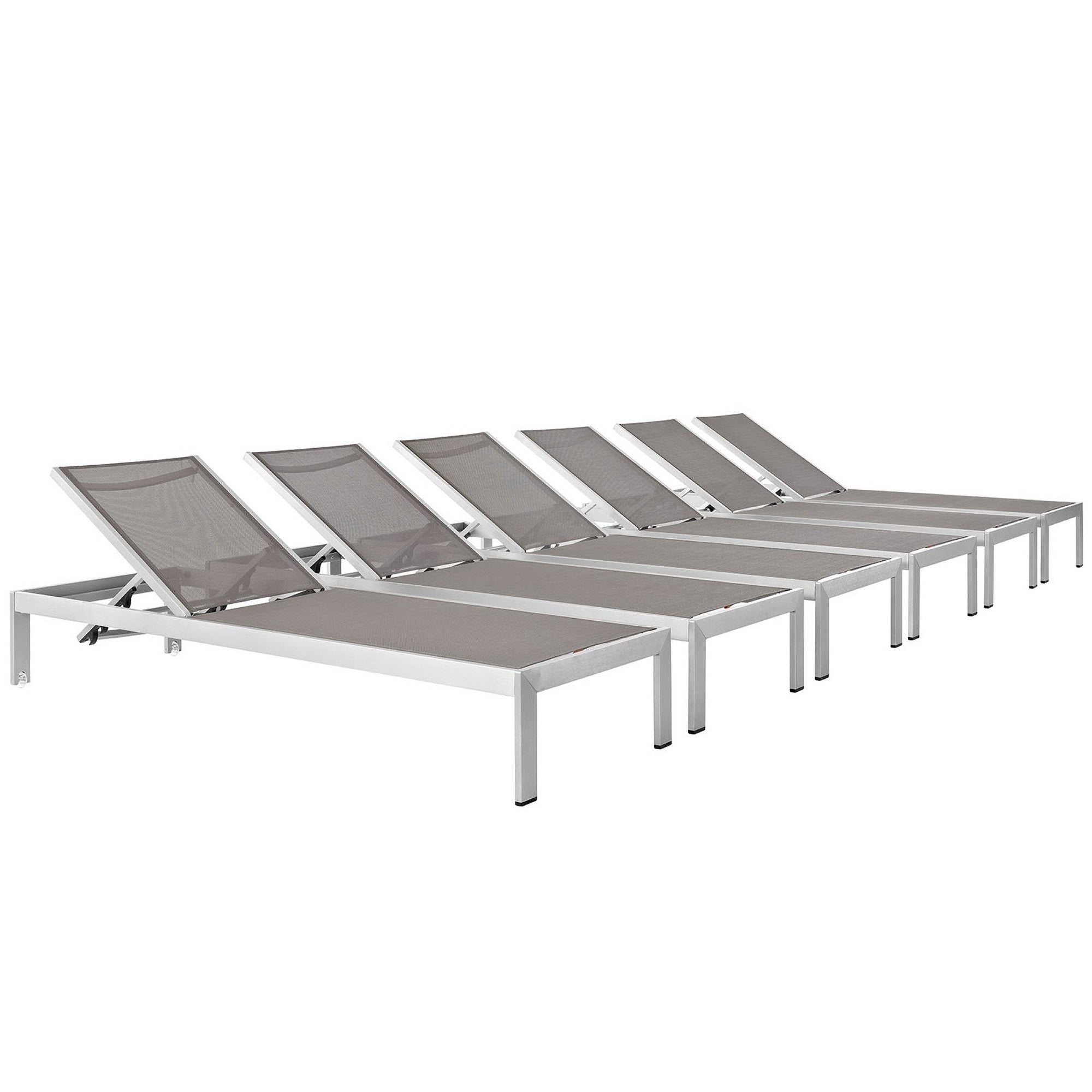 Shore Outdoor Patio Aluminum Chaise Set of 6, Silver Gray