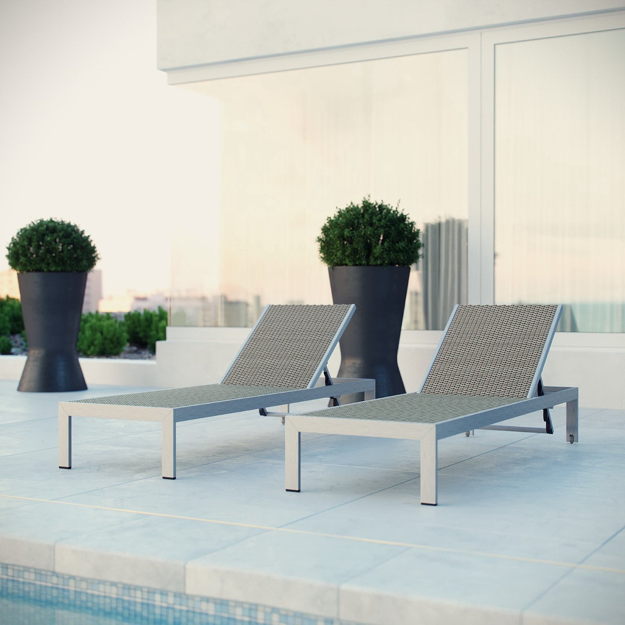 Shore Outdoor Patio Aluminum Chaise Set of 2, Silver Gray