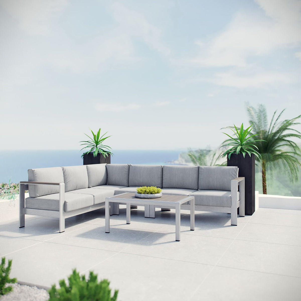 Shore 5 Piece Outdoor Patio Aluminum Sectional Sofa Set, Silver Gray - Model EEI-2557