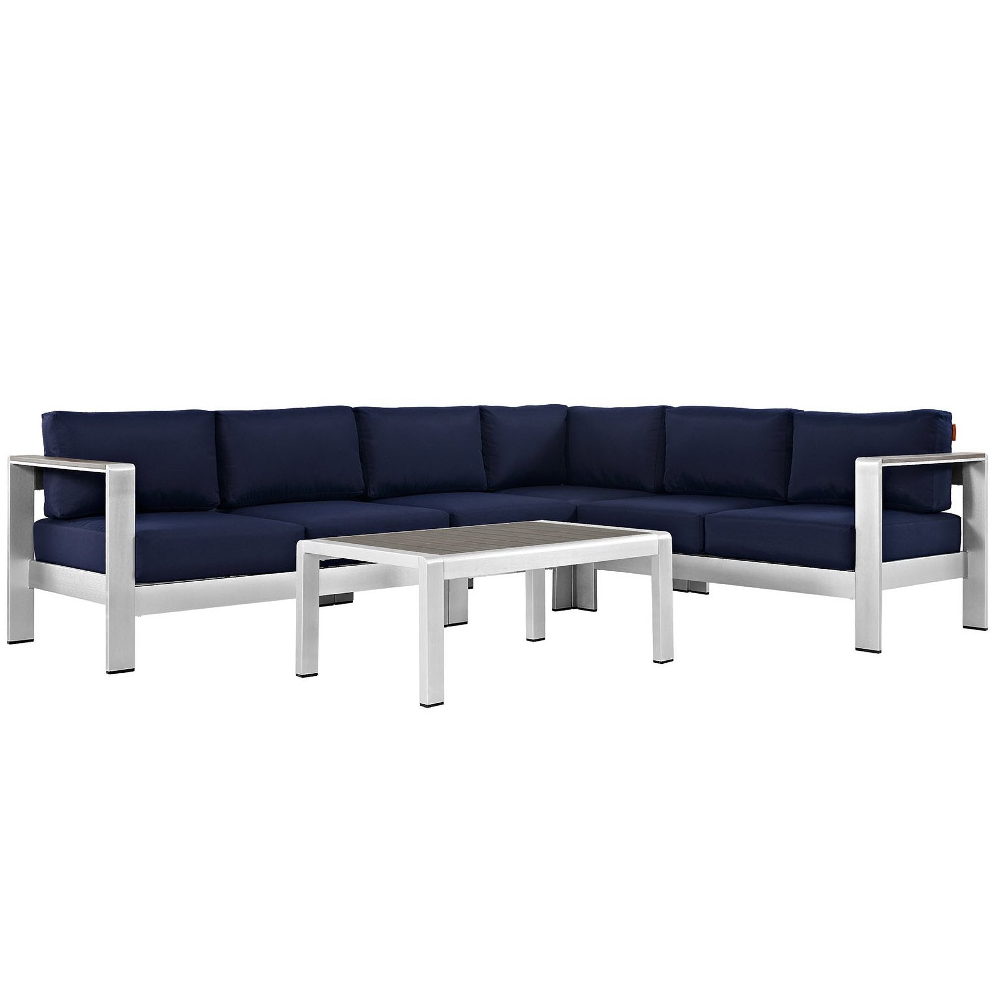 Shore 5 Piece Outdoor Patio Aluminum Sectional Sofa Set, Silver Navy