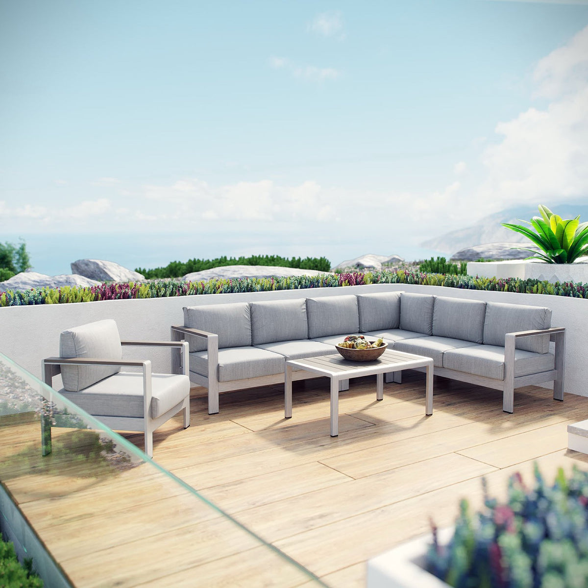 Shore 6 Piece Outdoor Patio Aluminum Sectional Sofa Set, Silver Gray - Model EEI-2558