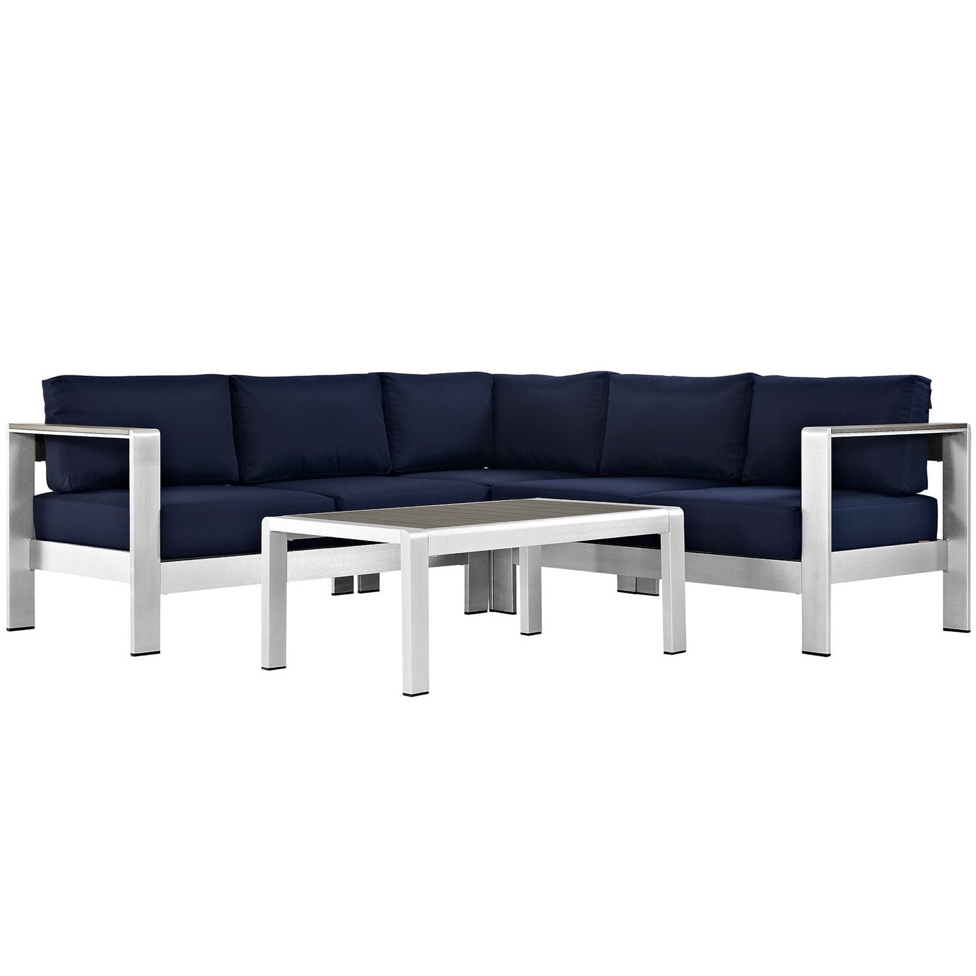 Shore 4 Piece Outdoor Patio Aluminum Sectional Sofa Set, Silver Navy