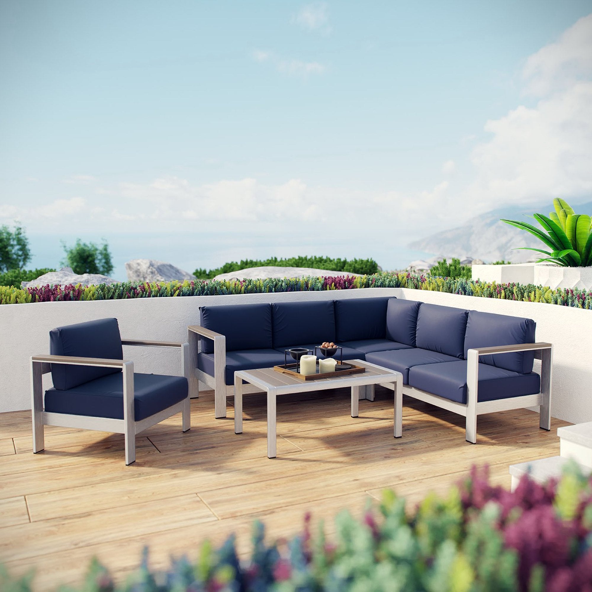 Shore 5 Piece Outdoor Patio Aluminum Sectional Sofa Set, Silver Navy
