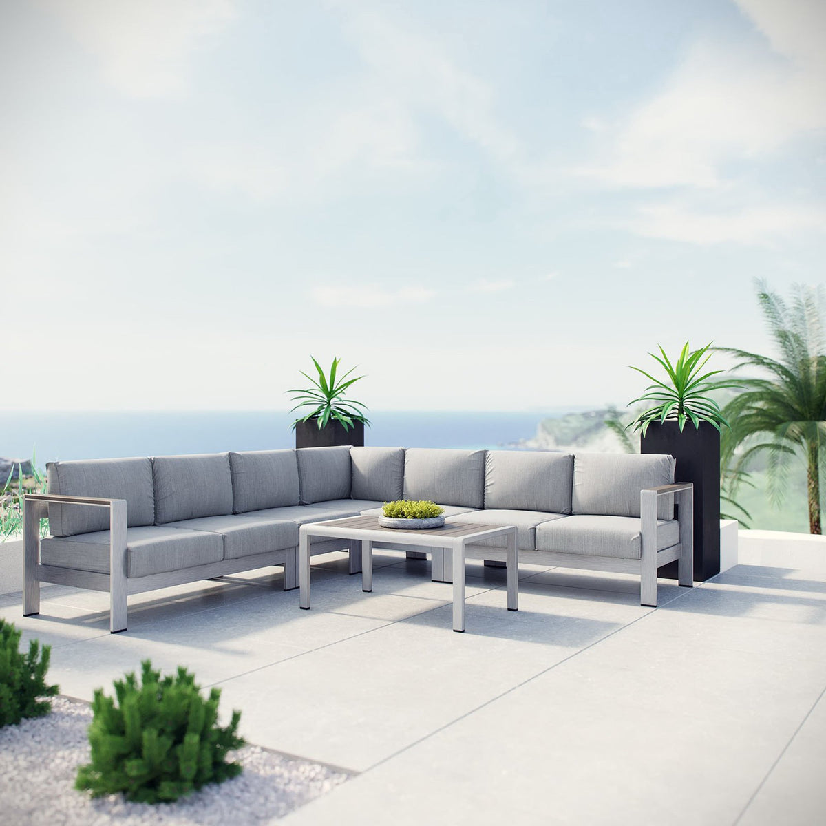Shore 6 Piece Outdoor Patio Aluminum Sectional Sofa Set, Silver Gray - Model EEI-2561