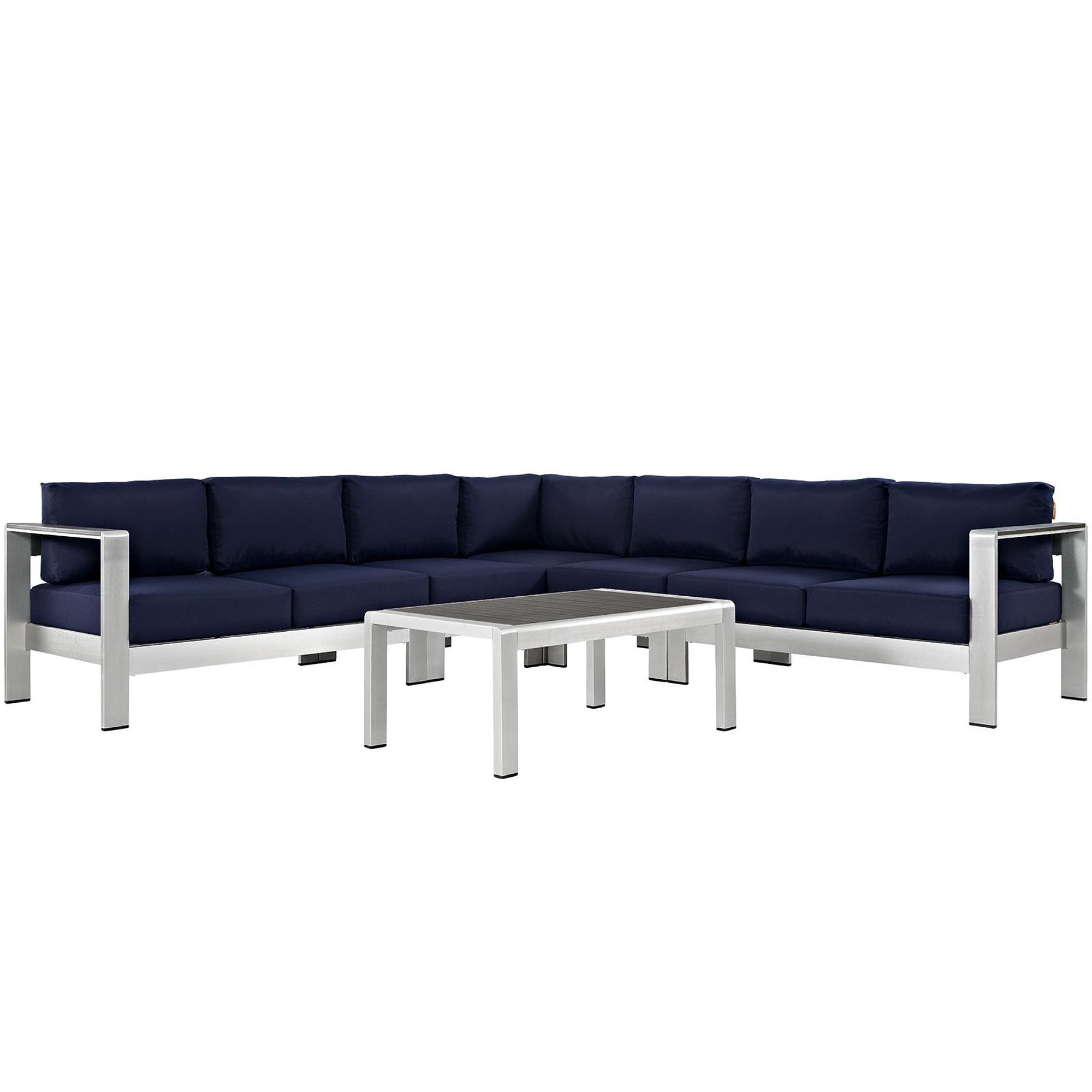 Shore 6 Piece Outdoor Patio Aluminum Sectional Sofa Set, Silver Navy
