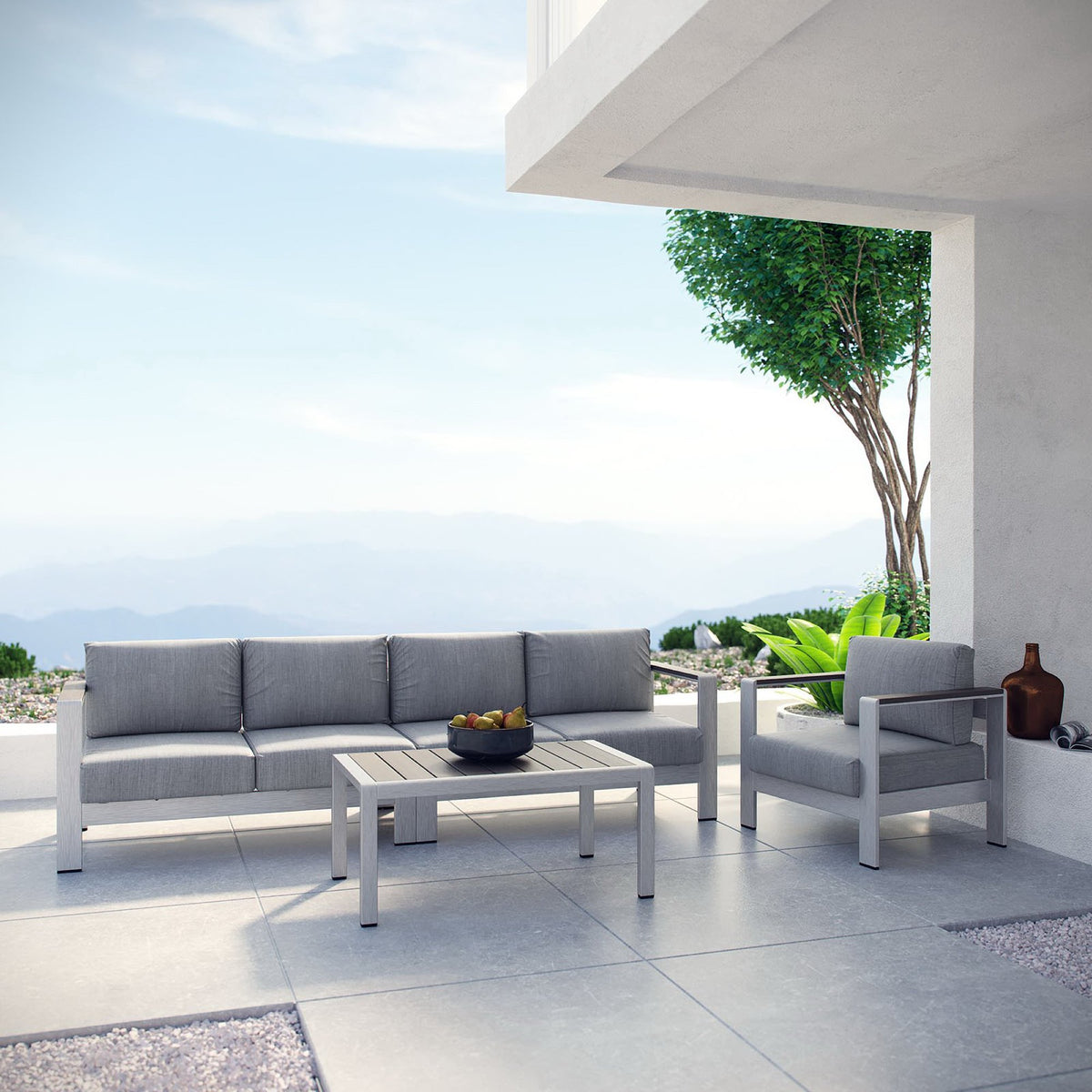 Shore 4 Piece Outdoor Patio Aluminum Sectional Sofa Set, Silver Gray - Model EEI-2563