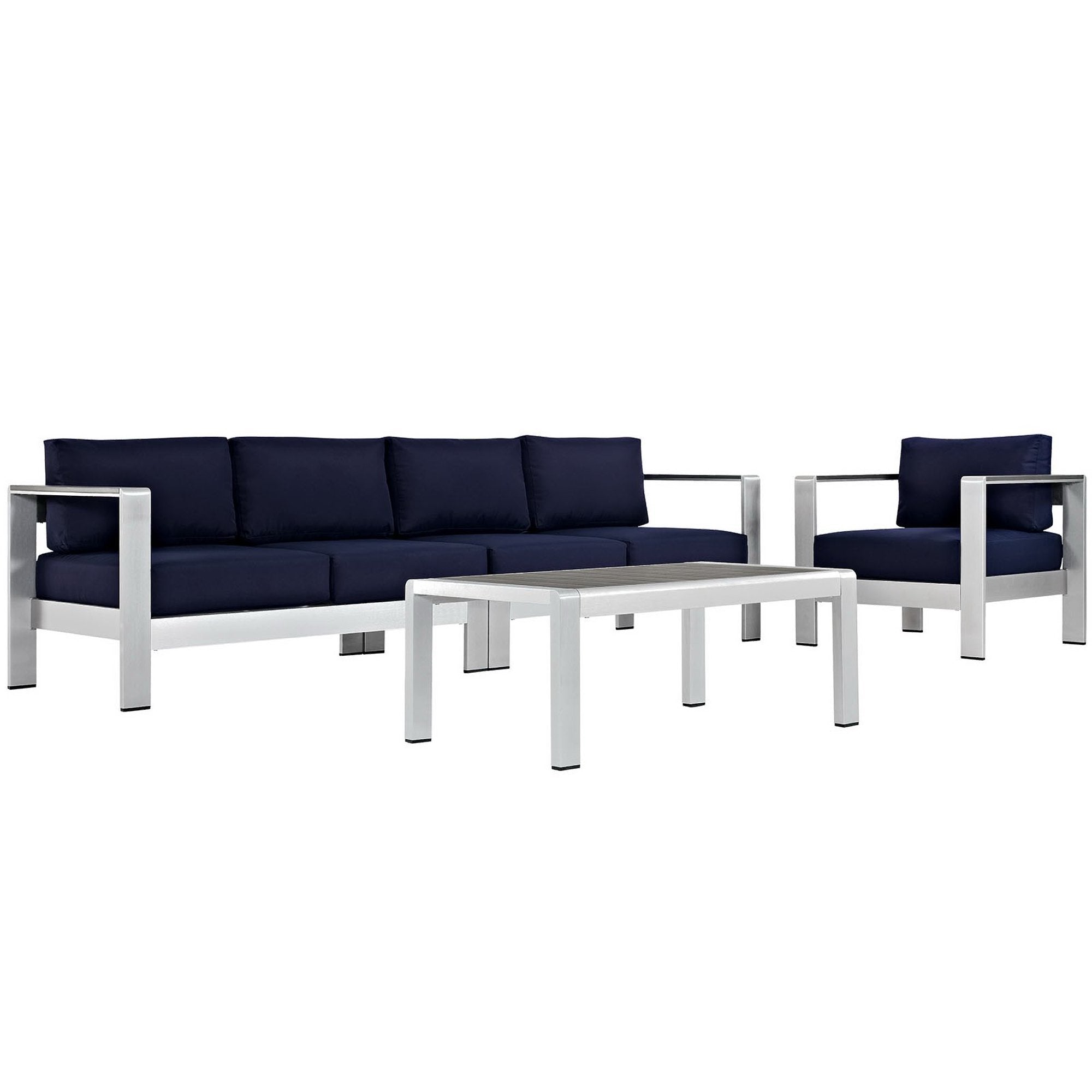 Shore 4 Piece Outdoor Patio Aluminum Sectional Sofa Set, Silver Navy