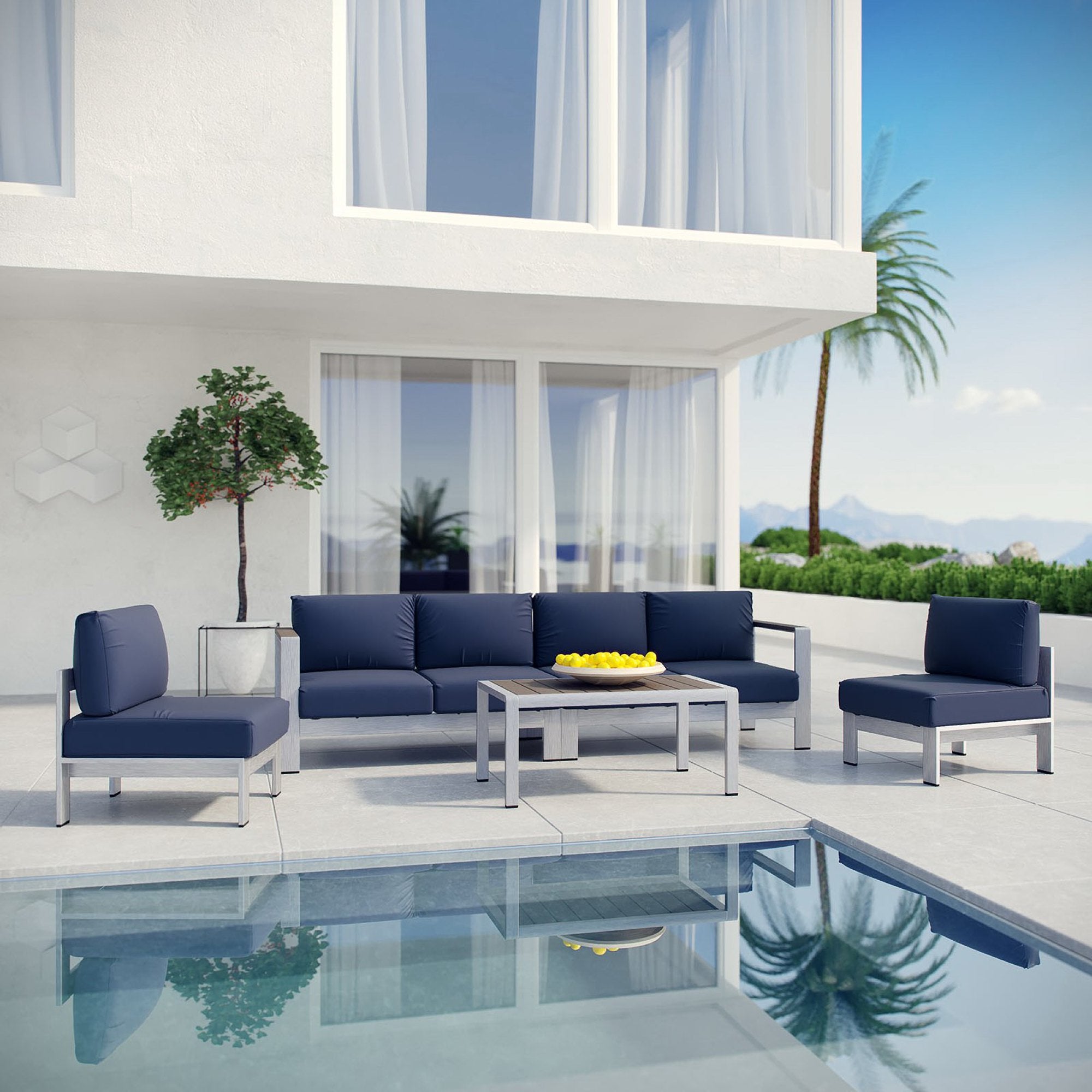Shore 5 Piece Outdoor Patio Aluminum Sectional Sofa Set, Silver Navy