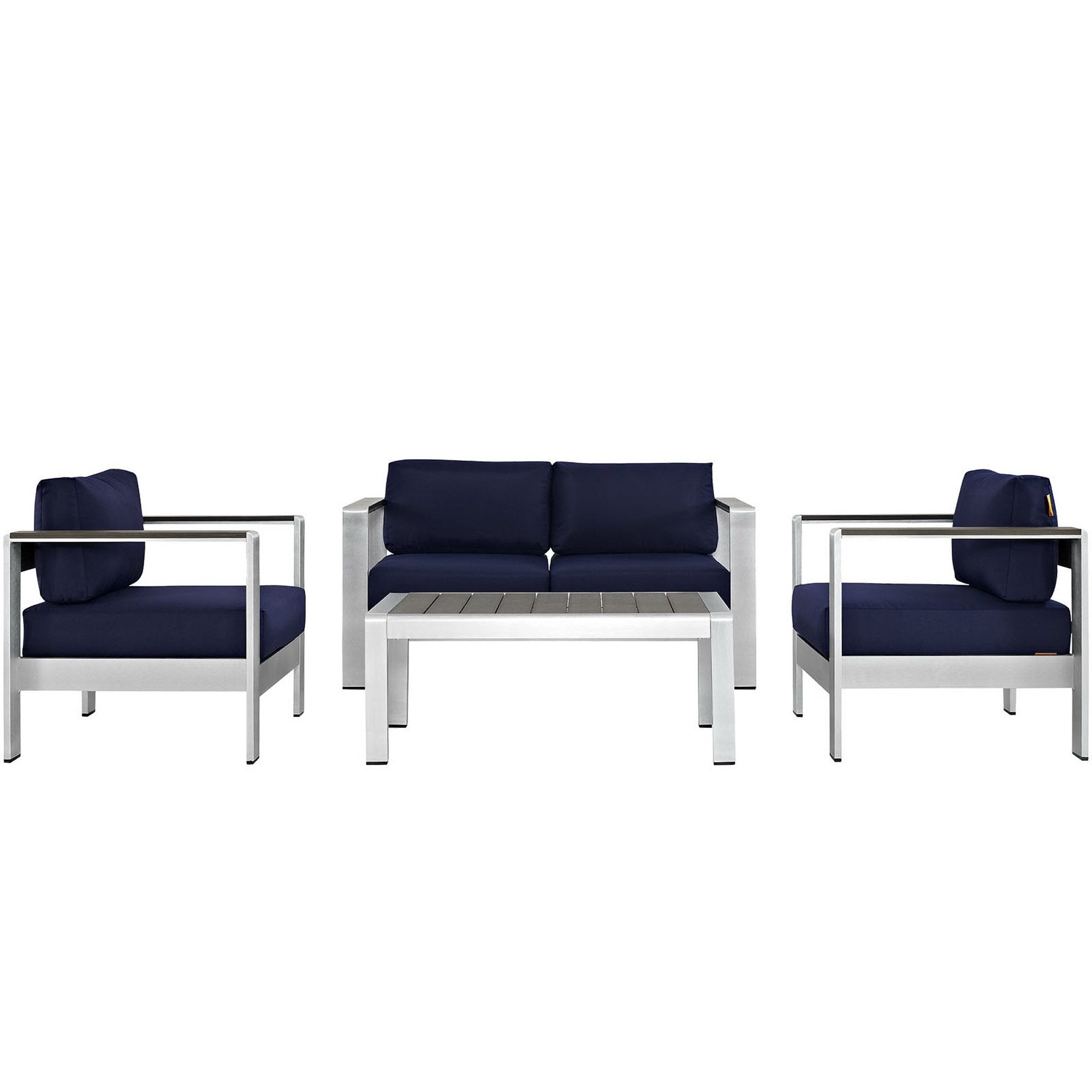 Shore 4 Piece Outdoor Patio Aluminum Sectional Sofa Set, Silver Navy