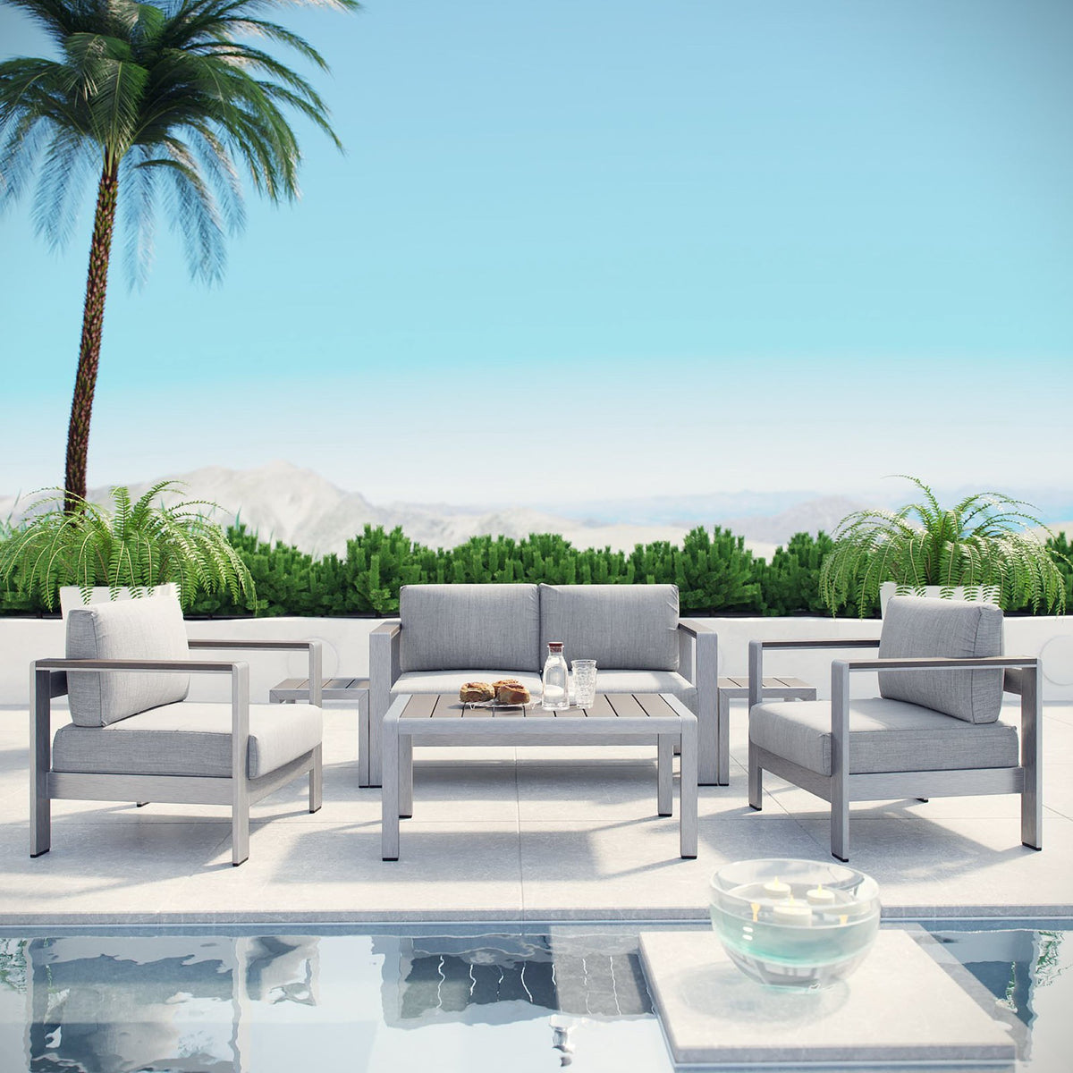 Shore 6 Piece Outdoor Patio Aluminum Sectional Sofa Set, Silver Gray - Model EEI-2568