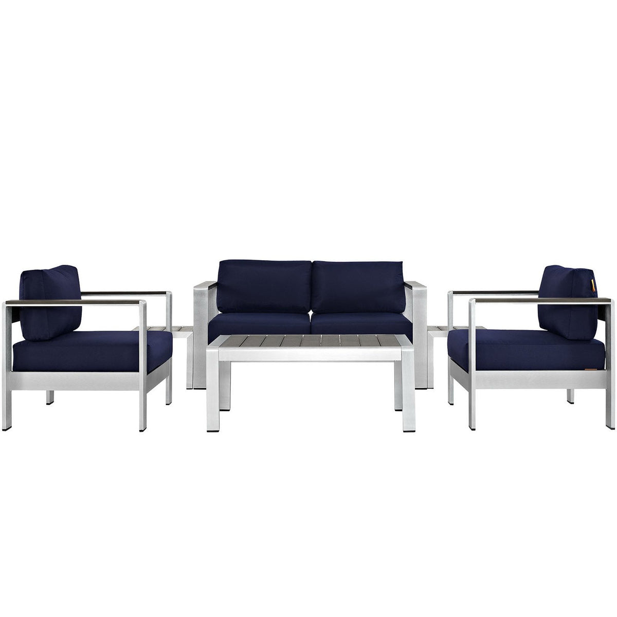 Shore 6 Piece Outdoor Patio Aluminum Sectional Sofa Set, Silver Navy - Model EEI-2568