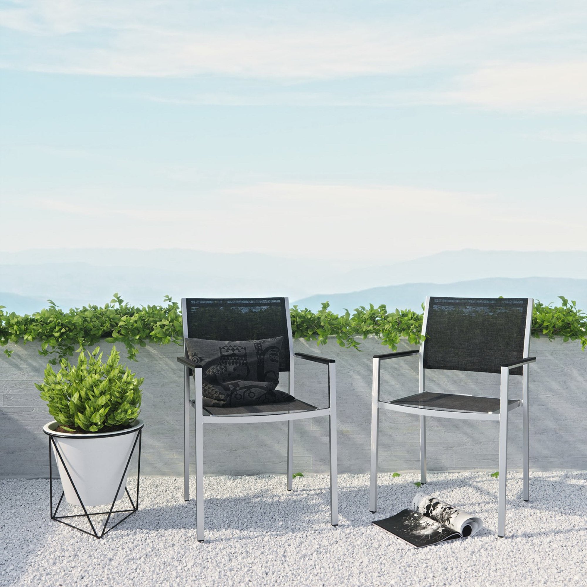 Shore Outdoor Patio Aluminum Dining Chair Set of 2, Silver Black