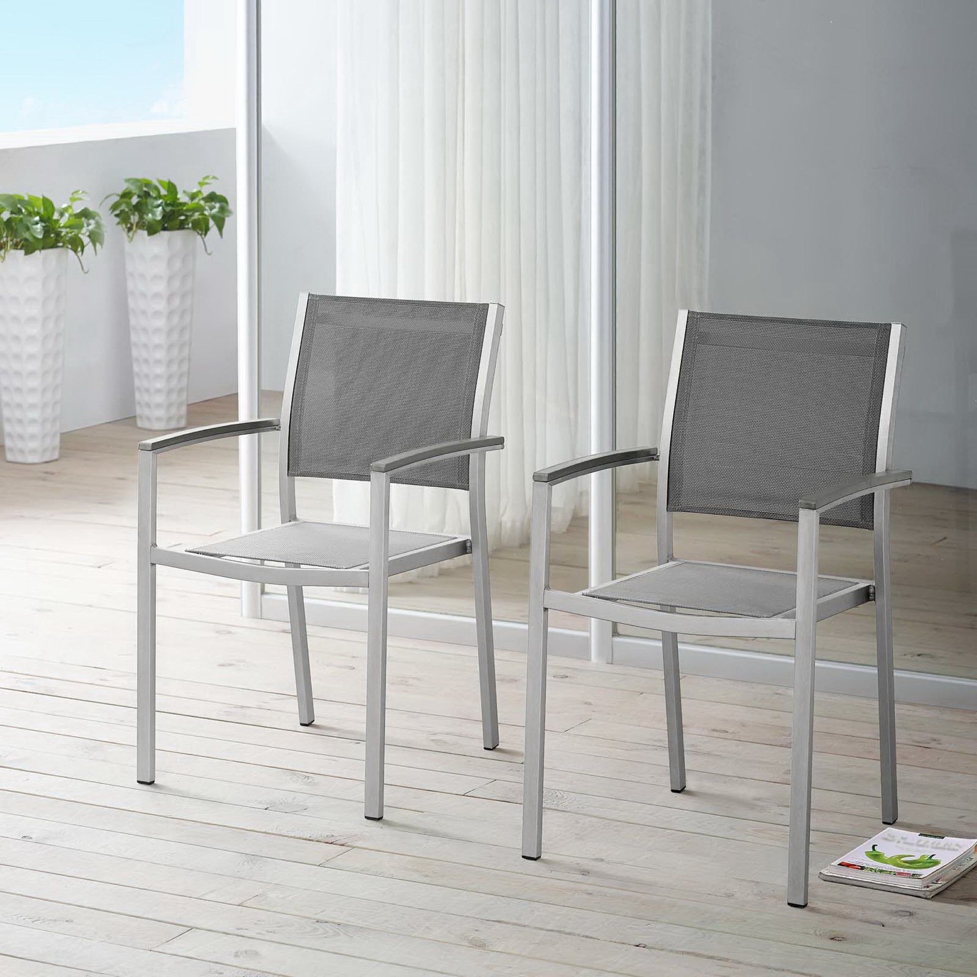 Shore Outdoor Patio Aluminum Dining Chair Set of 2, Silver Gray